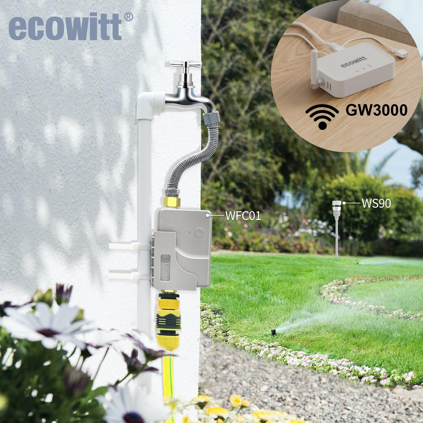 ECOWITT GW3003, WFC01 Minuteur d'arrosage intelligent pour jardin Débitmètre d'eau intégré et capteur de température + 3 en 1 Wi-Fi domestique / passerelle filaire GW3000, irrigation intelligente