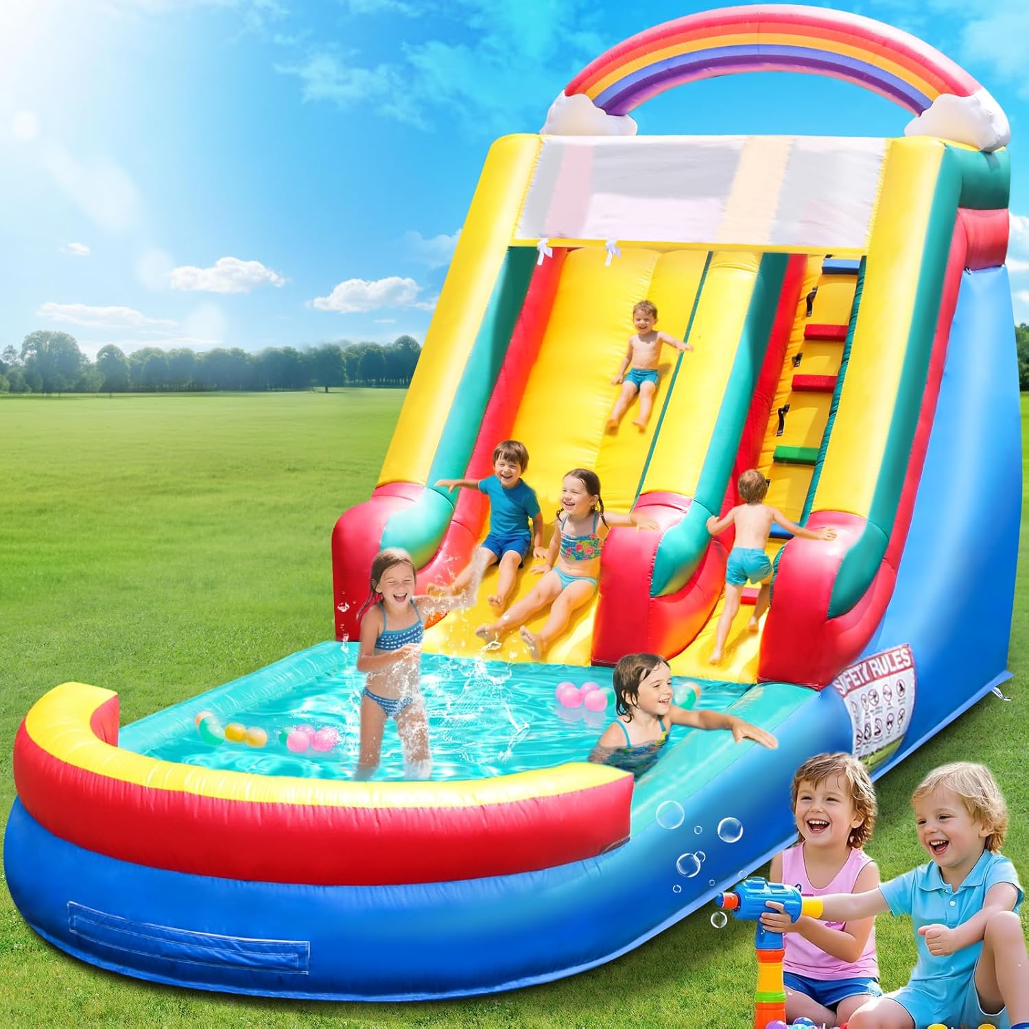 ESHENO 26FT Inflatable Water Slide for Kids, PVC Commercial Grade Water Slide with Splash Pool, 4-in-1 Water Slide with Climbing & Basketball Set & 1100W Air Blower for Birthday, Play Slide 2a5