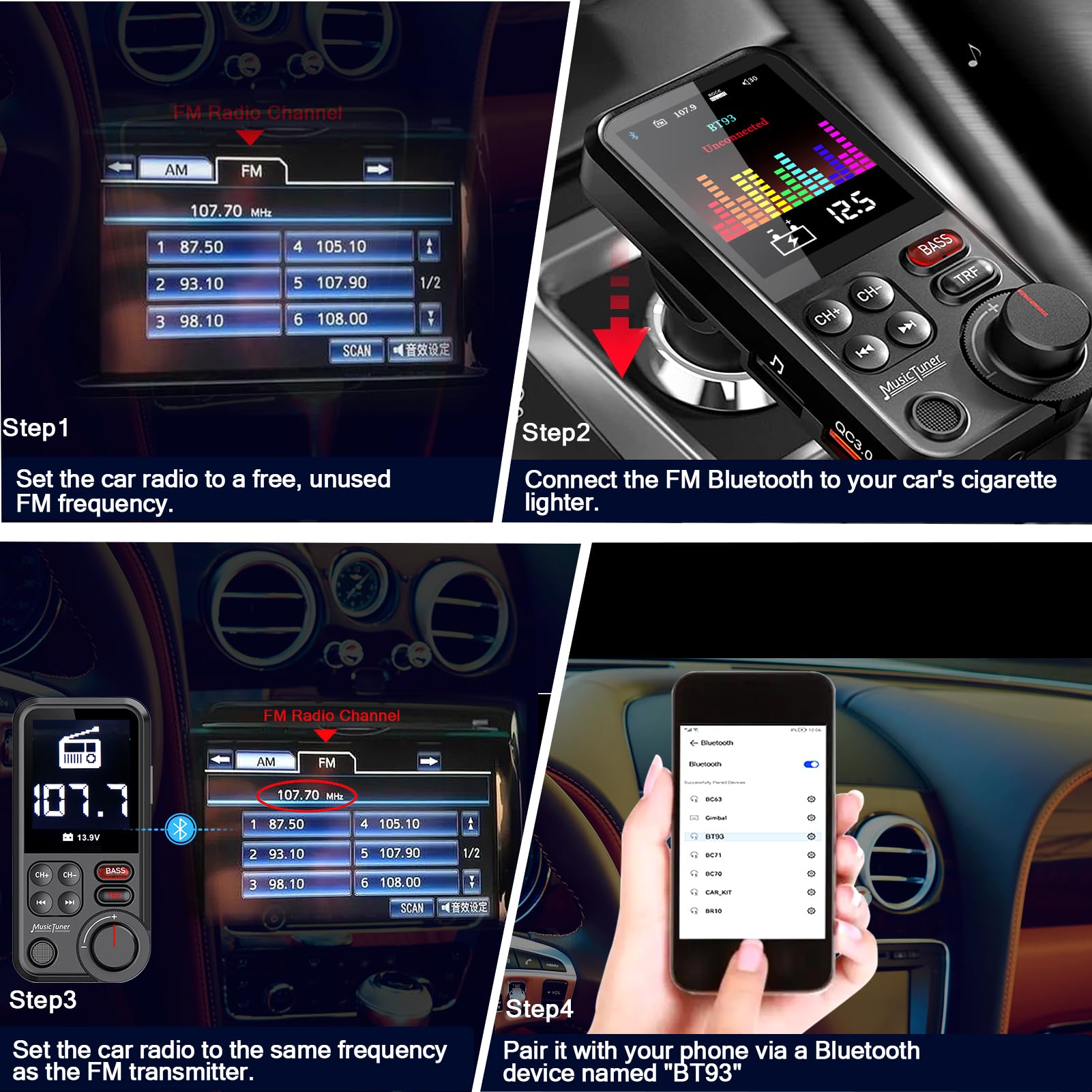 Bluetooth Auto FM Trasmettitore, Adattatore Musica Accendisigari per Autoradio, Supporto QC3.0 per Ricarica Rapida USB, Lettore MP3, Bassi Profondi, Display da 4.5CM