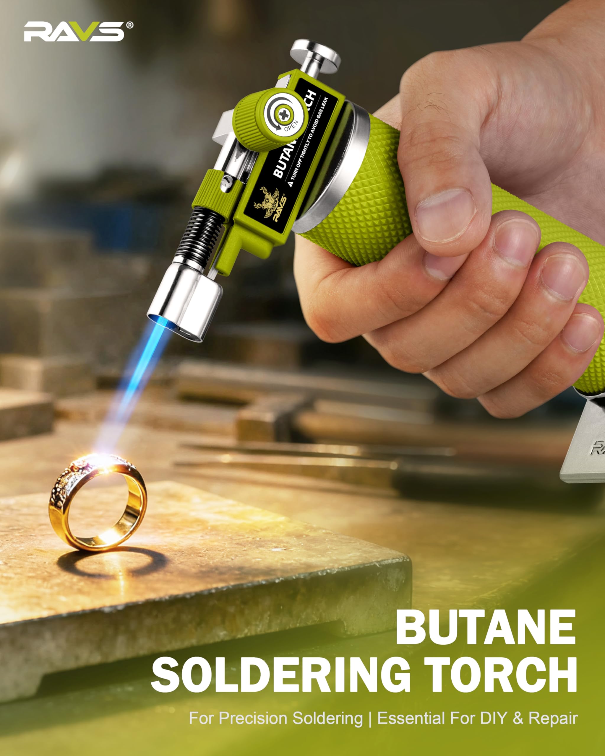 RAVS Encendedor de butano con modo de llama dual, linterna de cocina recargable, cuerpo de metal, para hornear, cocinar, arte de resina con llama ajustable, soplete de soldadura verde, gas butano no
