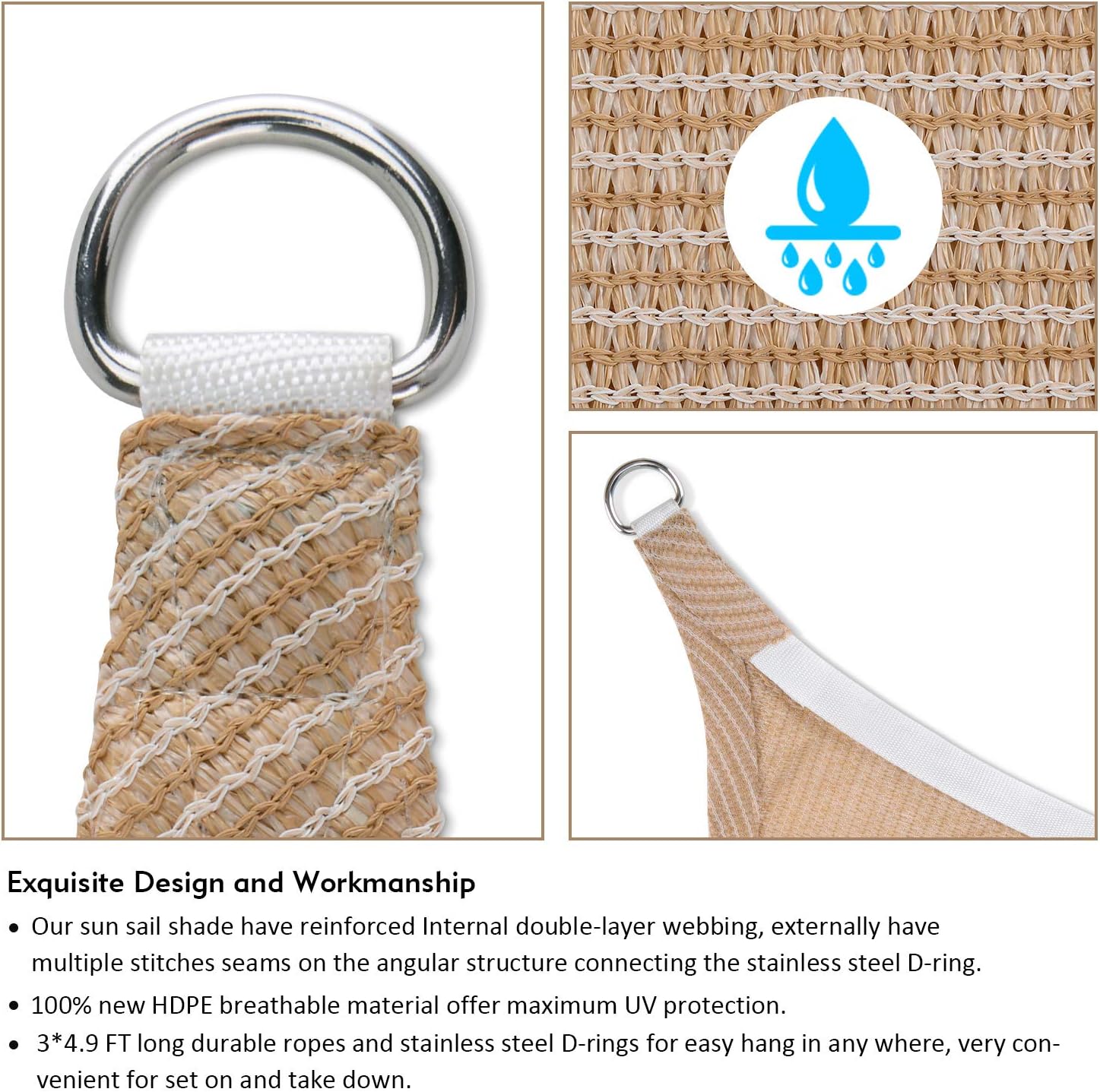 BOLTLINK Triangle Sun Shade Sail 16'x 16'x 16'Canopy UV Block for Patios Outdoor Backyard Garden Deck -Beige
