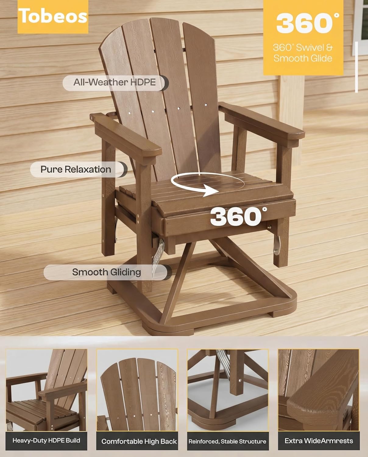 HDPE Outdoor Swivel Glider Rocking Chair, Oversized Patio Rocking Chair with 360° Swivel & Smooth Glide, Heavy Duty Outdoor Chair for Porch, Deck, Lawn, Poolside (Teak)