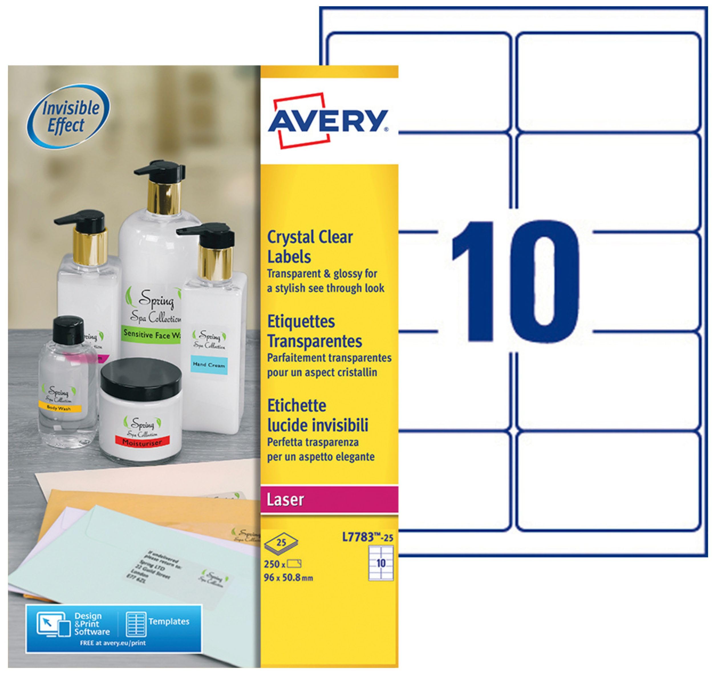 AVERY - Pochette de 250 étiquettes autocollantes transparentes brillantes. Personnalisables et imprimables. Format 96 x 50,8 mm. Impression laser. (L7783-25)