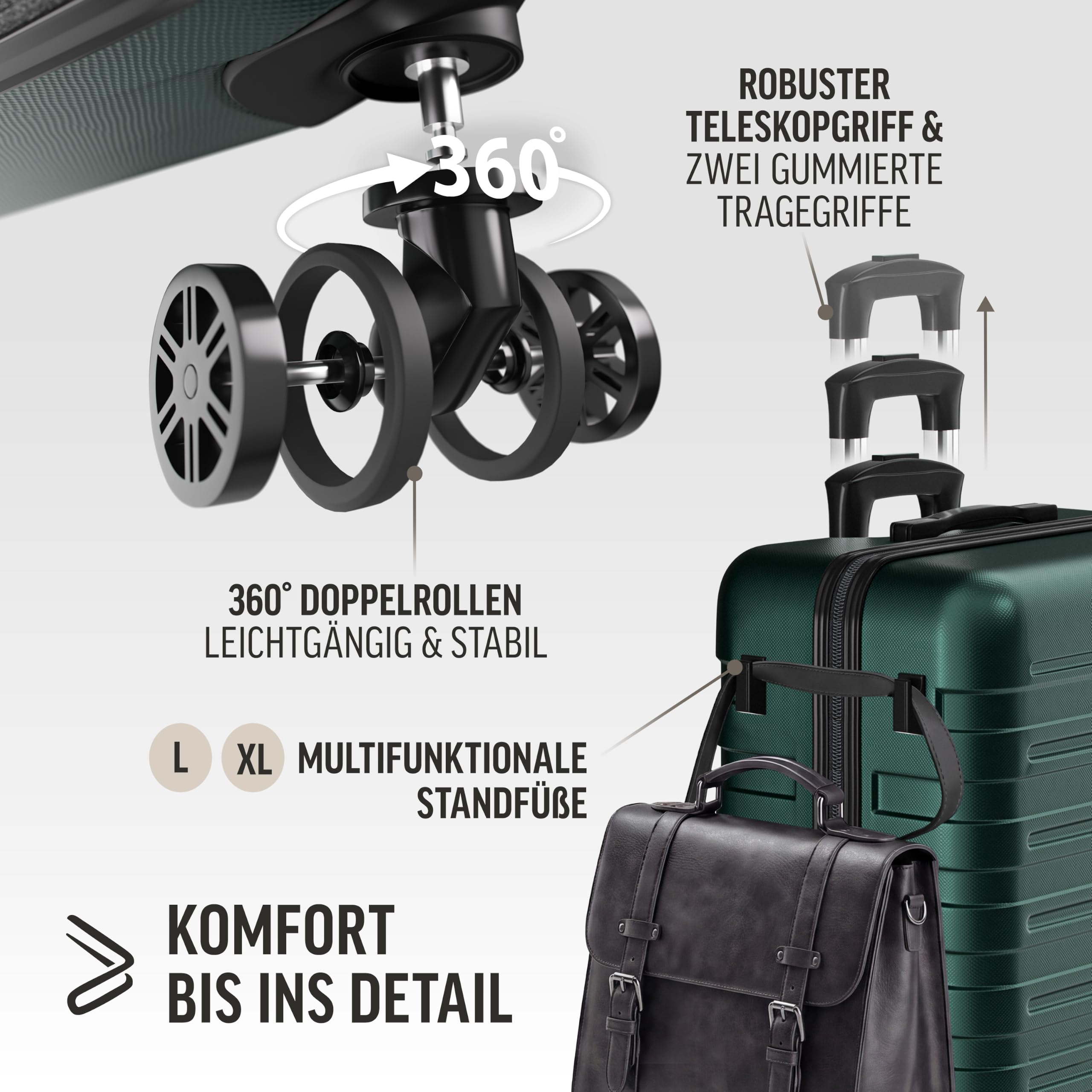 DEUBA® TRAVEL Koffer Set 3tlg 55x40x20 Sicherer Stauraum Kreuzgurt PVC Fach Reisekoffer Groß Trolley Suitcase mit 360° Rollen Hartschalenkoffer Handgepäck Koffer Dunkelgrün