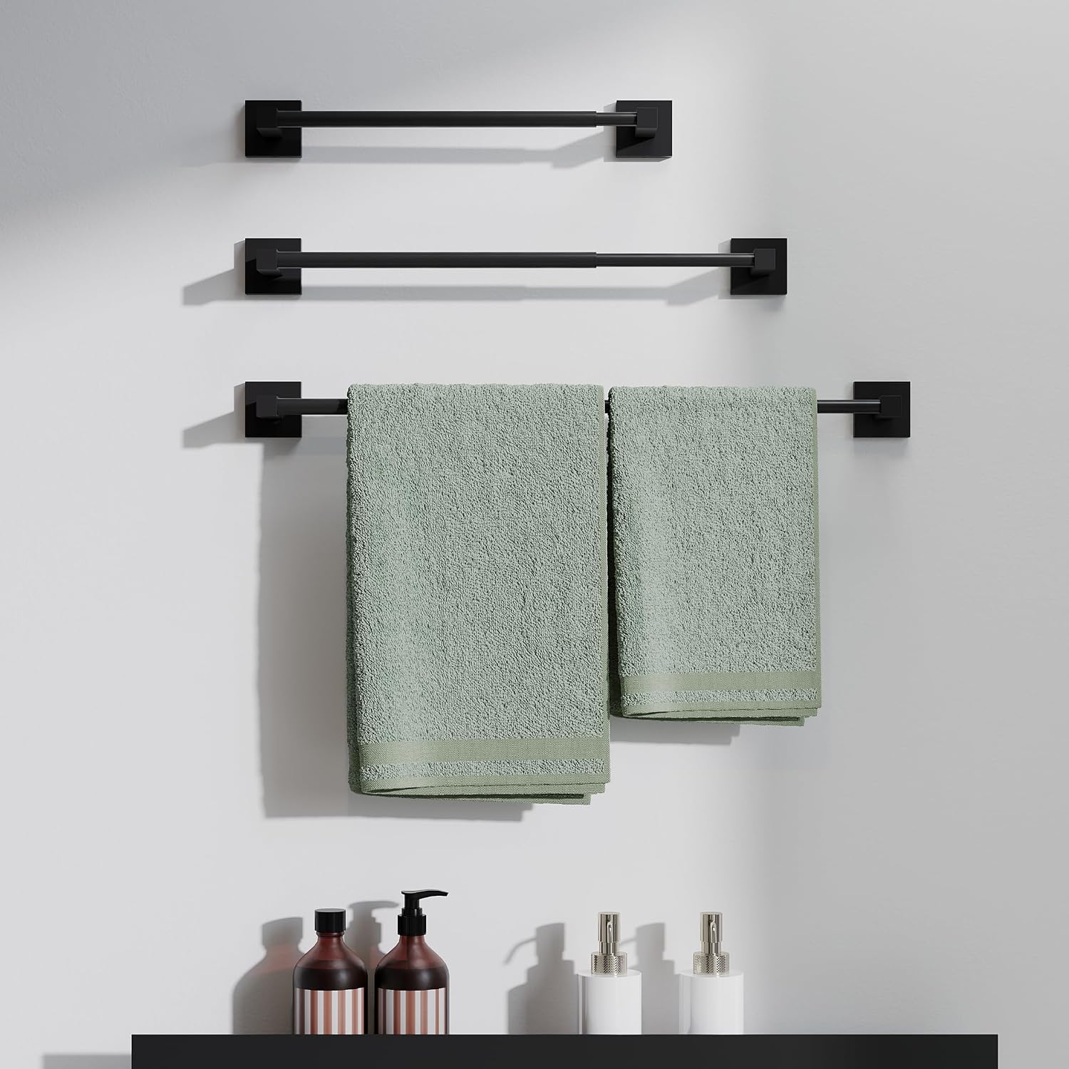 Condition photo showing As Is for ruacq adjustable towel bar 13.8 to 24 inch,square base single towel racks for bathroom,stainless steel towel holder wall mounted,sturdy and rustproof(matte black)