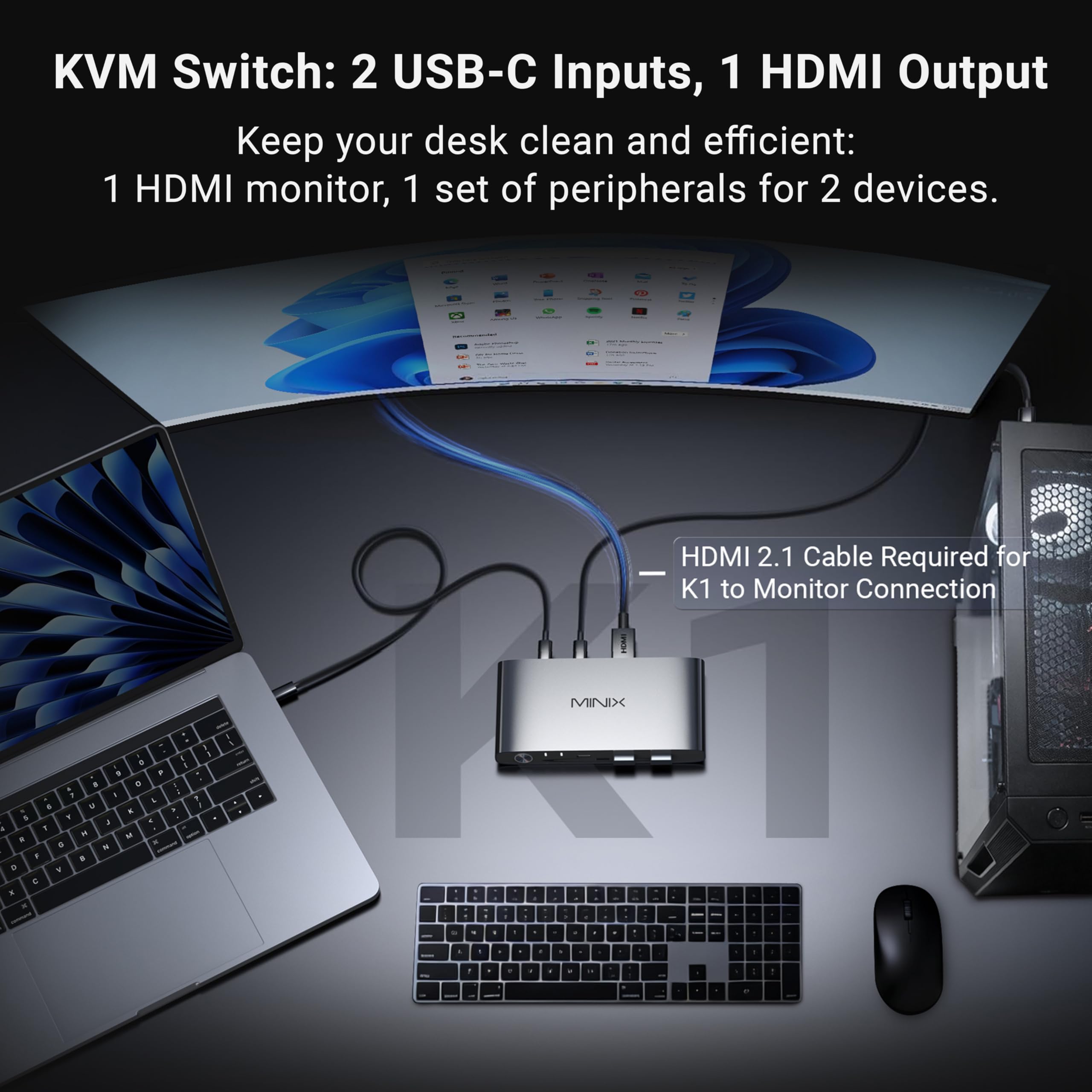 MINIX K1 USB C KVM Switch 1 Monitors 2 Computers, 4K@120Hz HDR, 100W PD 3.0, Dual USB-C Input KVM Switches, Share Keyboard & Mouse, Aluminum Design, Compatible with Windows, Mac, Linux, Android