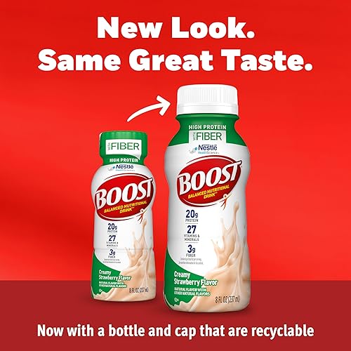Miniatura 2 de BOOST Bebida nutricional completa alta en proteínas con fibra fresa cremosa botella de 8 onzas líquidas paquete de 24