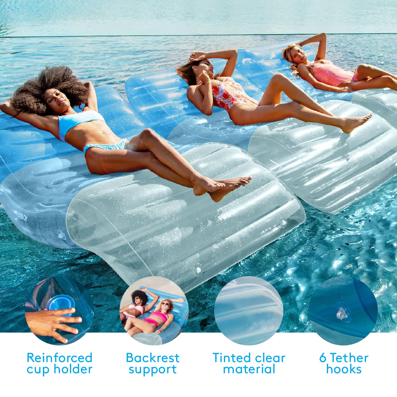 FUNBOY Chaiseliege, dreifarbig, Blau | Luxuriös, für Erwachsene, transparentes blaues Material, perfekt für Sommer-Pool-Party