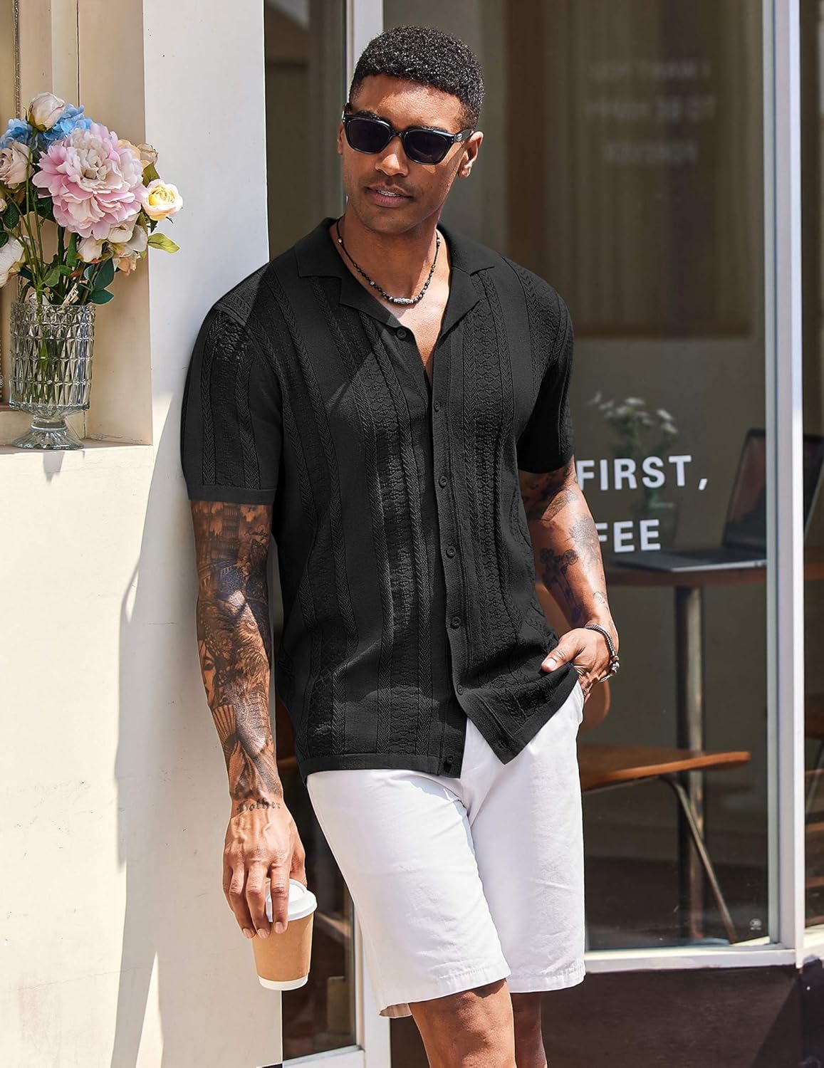 COOFANDY Men's Knit Shirts Vintage Short Sleeve Button Down Shirt Casual Summer Beach Shirt - Image 4