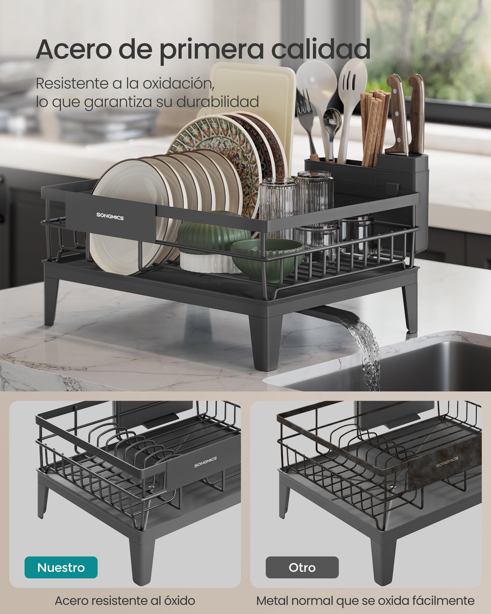 SONGMICS Escurreplatos, Escurridor para Encimera de Cocina, Giratorio 360° y Extensible, con Soporte para Cubiertos, 31 x 42 x 18,5 cm, Gris Ahumado KCS550GT01