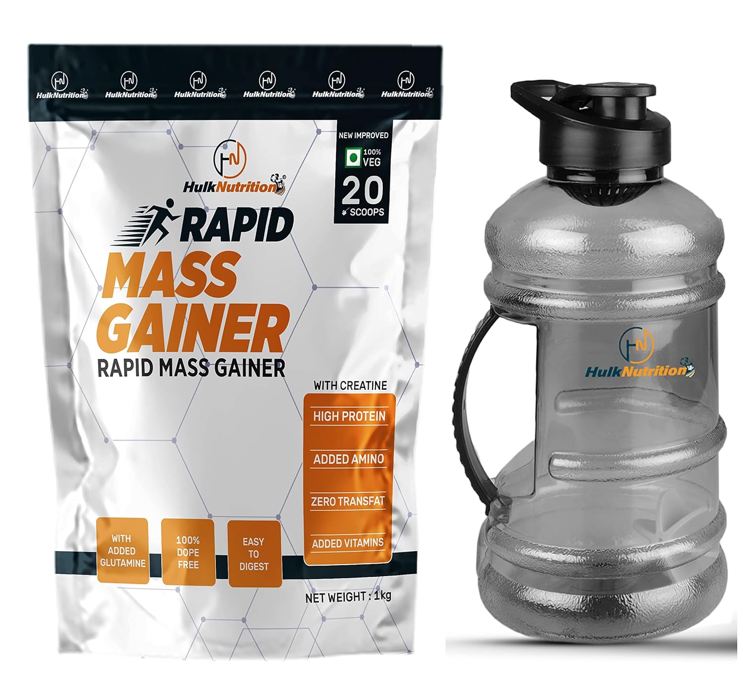 Hulk Nutrition Rapid Weight Gainer, High Protein Muscle Mass & Weight Gainer with 22.14g Protein, L-Glutamine, Creatine Monohydrate, EAA & Digestive Enzymes | 518 High-Calorie Post-Workout Protein Powder for Muscle Gain | Whey Protein + Muscle Builder Weight Gainer Protein Powder for Men & Women [Malai Kulfi, 1 Kg / 2.2 lb] Free Gallon Shaker