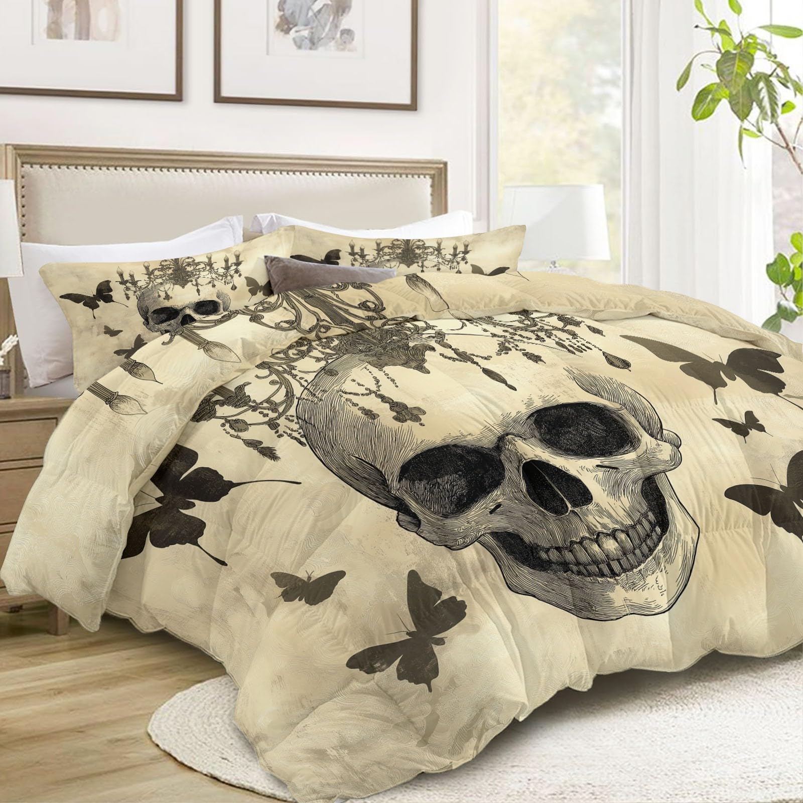 Generico Zimowa podwójna kołdra 200 x 200 cm, retro kruk czaszka 400 gr/m², ciepła i elegancka, antyalergiczna i oddychająca pościel 3-częściowy zestaw, beżowa