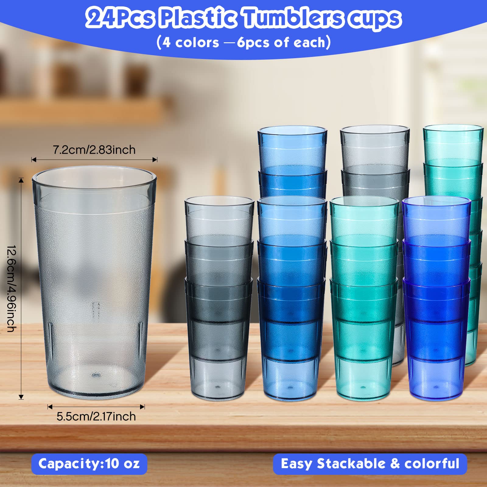Lot de 24 gobelets empilables en plastique avec texture antidérapante et incassables pour cuisine, café, bar, fournitures de bureau (côtier, 300 ml)