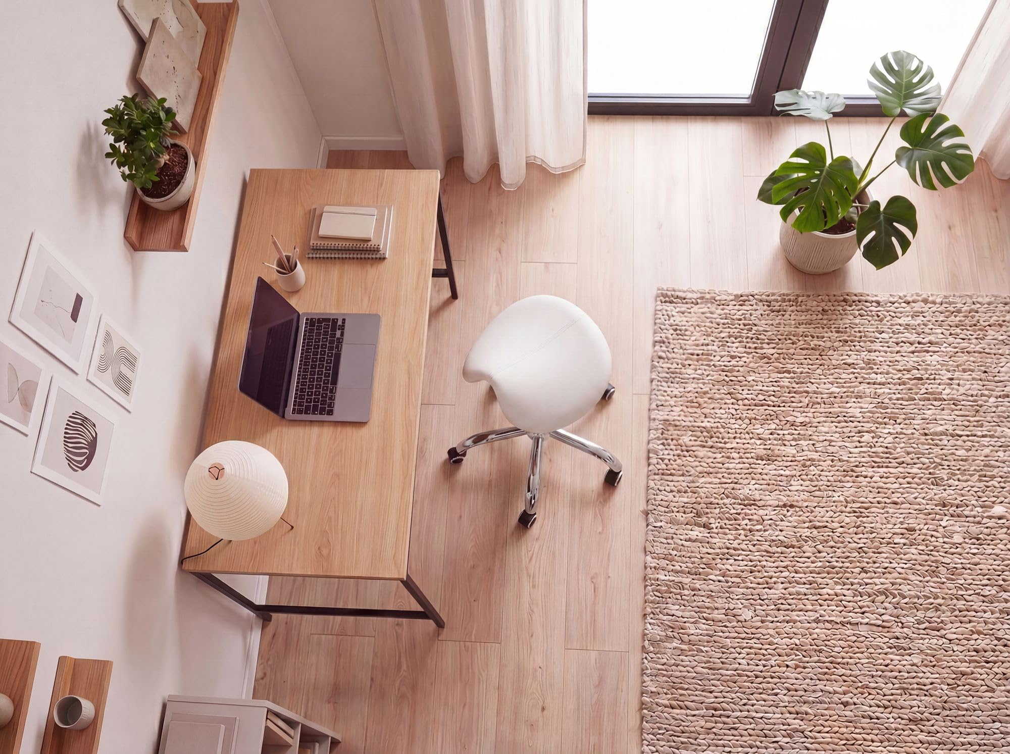 FineBuy Taburete de Silla de Montar con Ruedas de Imitación de Cuero Blanco | Taburete de Trabajo sin Respaldo | Taburete tapizado Ajustable en Altura