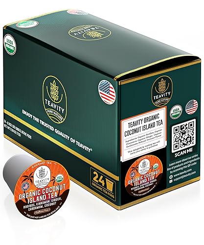 Coconut Island Teavity - Cápsulas de té Rooibos de coco para Keurig, té de jengibre orgánico, rooibos, canela, cardamomo, coco (24 cápsulas de té) disponible en Yaxa Colombia