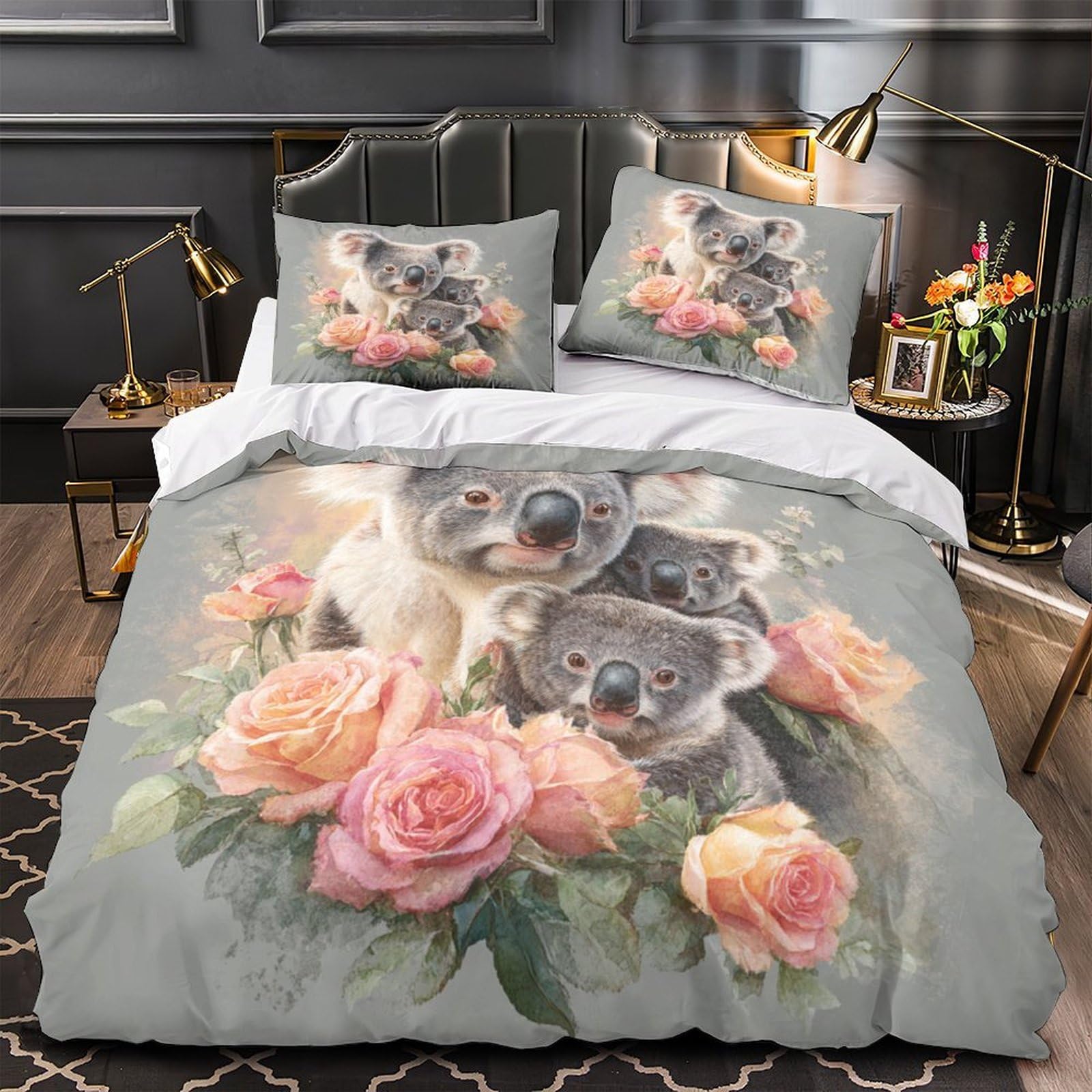 Parure de lit cheval et fleurs en microfibre 220x240cm