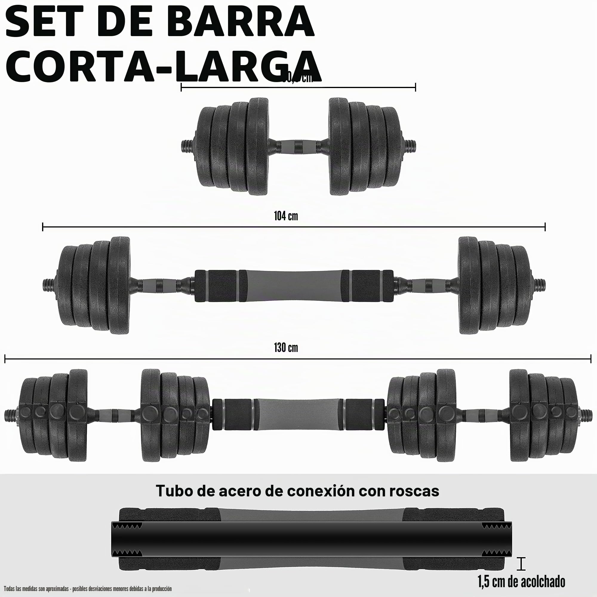 C.P.Sports 2in1 Juego de mancuernas y barras de 30kg | 4x 1,25kg - 4x 1,5kg - 4x 2,0kg - 4x 2,5kg pesas - 2x mangos | Placas de plástico para entrenamiento con pesas, fitness, gimnasio en casa | 4 colores