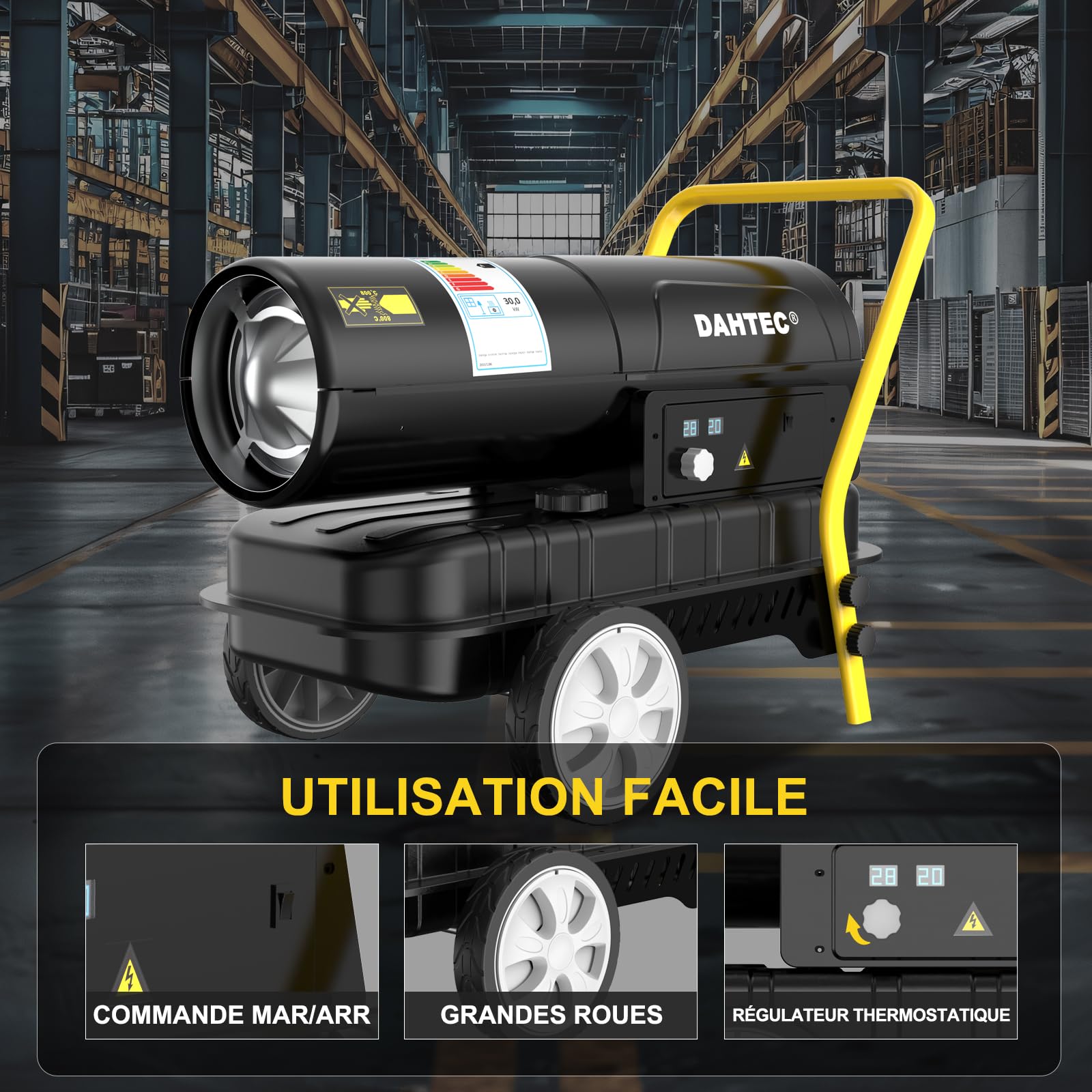Chauffage Diesel Haute Performance 30 kW - Radiateur Industriel - Surface Chauffée : 320 à 420 m² - Thermostat Réglable & Indicateur de Niveau d'huile - Pour Ateliers, Chantiers, Agricole
