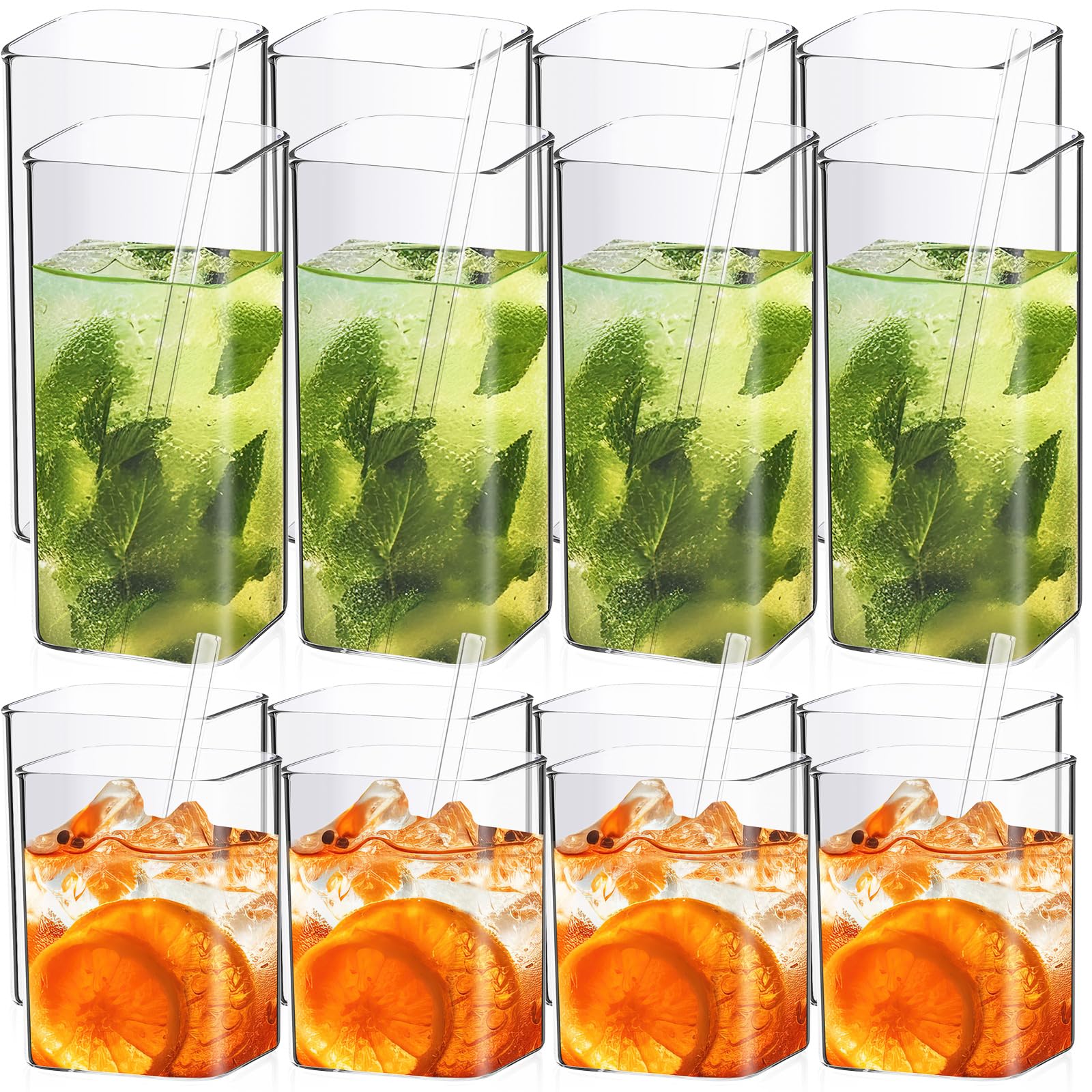 Mifoci Juego de 20 vasos cuadrados de vidrio de 8 onzas, 13 onzas, vasos cuadrados transparentes Highball modernos, vasos de cristalería mixtos con pajitas de vidrio y cepillos de limpieza para cóctel