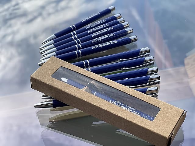 SpoonFromTheMoon Personalised Custom Metal Pen + Brown Gift Box, Your Logo on Pen, Laser Engraved Blue Silver Black Red Pen, Personalised Engraved Ballpoint Pen