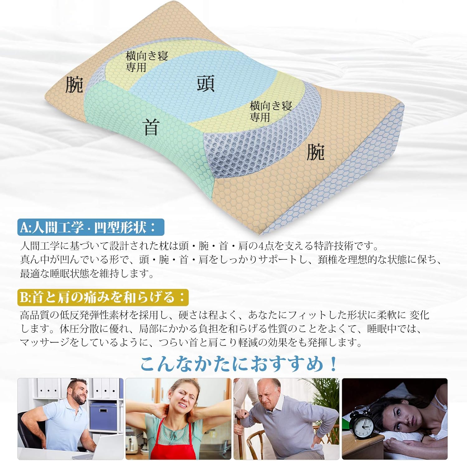 Amazon 枕 安眠 低反発 まくら Besfan 横向き寝用まくら 頭 首 肩を支える 安眠枕 快眠枕 熟睡 高さ調整 低め枕が好きな方へ 枕 オンライン通販