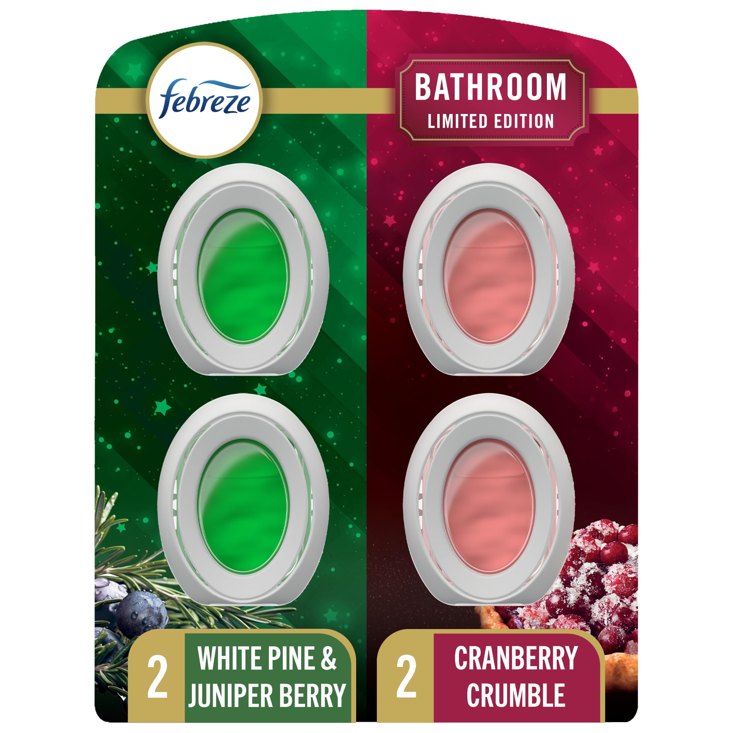 Febreze Odor-Fighting Bathroom Air Freshener for Small Spaces, Cranberry Crumble and White Pine &amp; Juniper Berry Scent, 4 Count