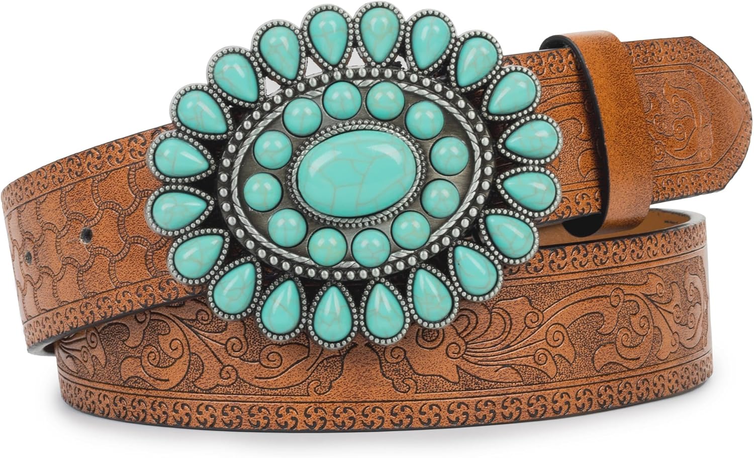UTOWO Western Cowgirl Belt for Women,Vintage Engraved Tooled Leather Belt Turquoise Cowboy Country Belt - Image 7
