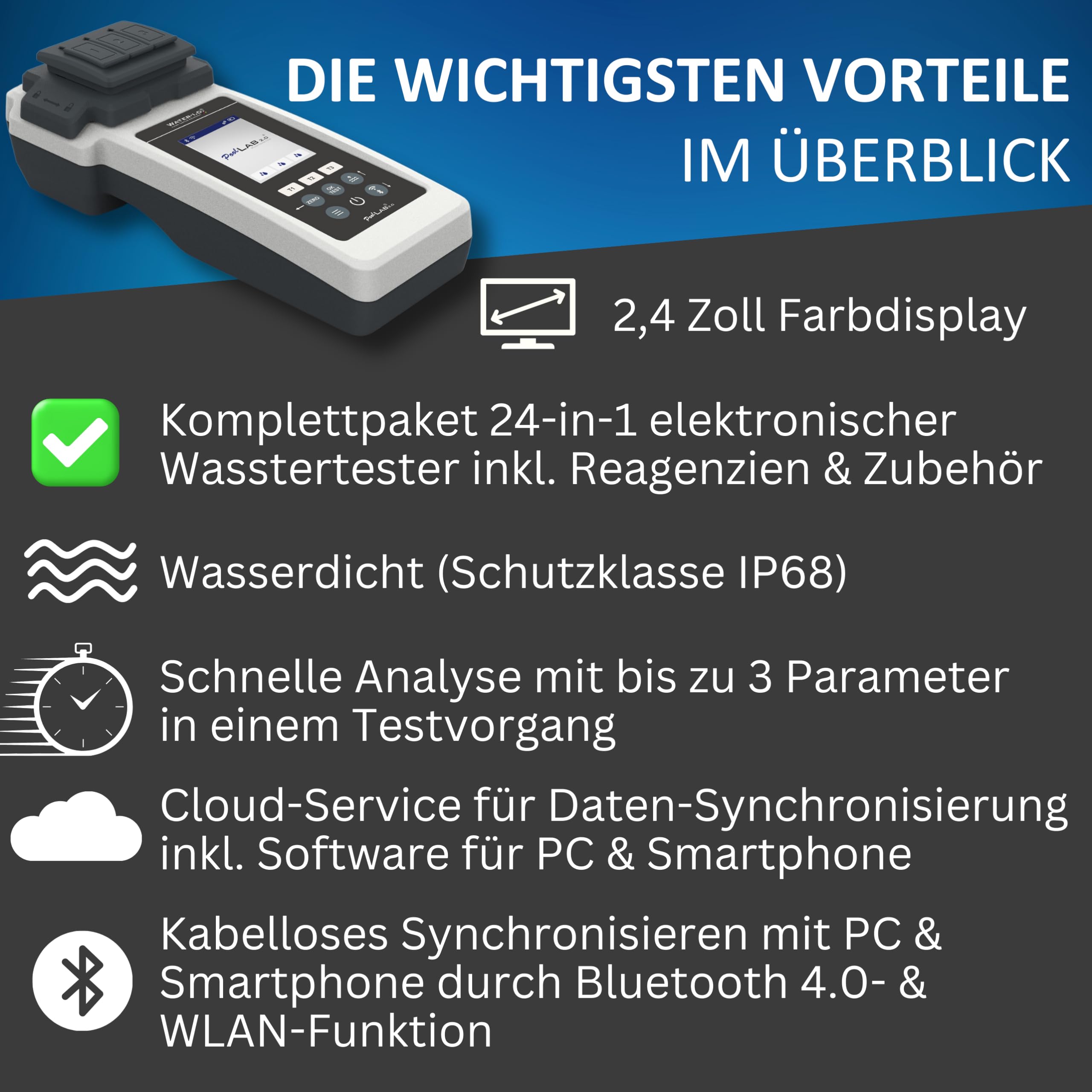 PoolLAB 2.0 Special Edition inkl. 140 Testtabletten - Wassertester für Pools (Photometer) Bluetooth WLAN Pooltester Messgerät Chlor pH-Wert Phenol Red Alkalinity M Cyanursäure