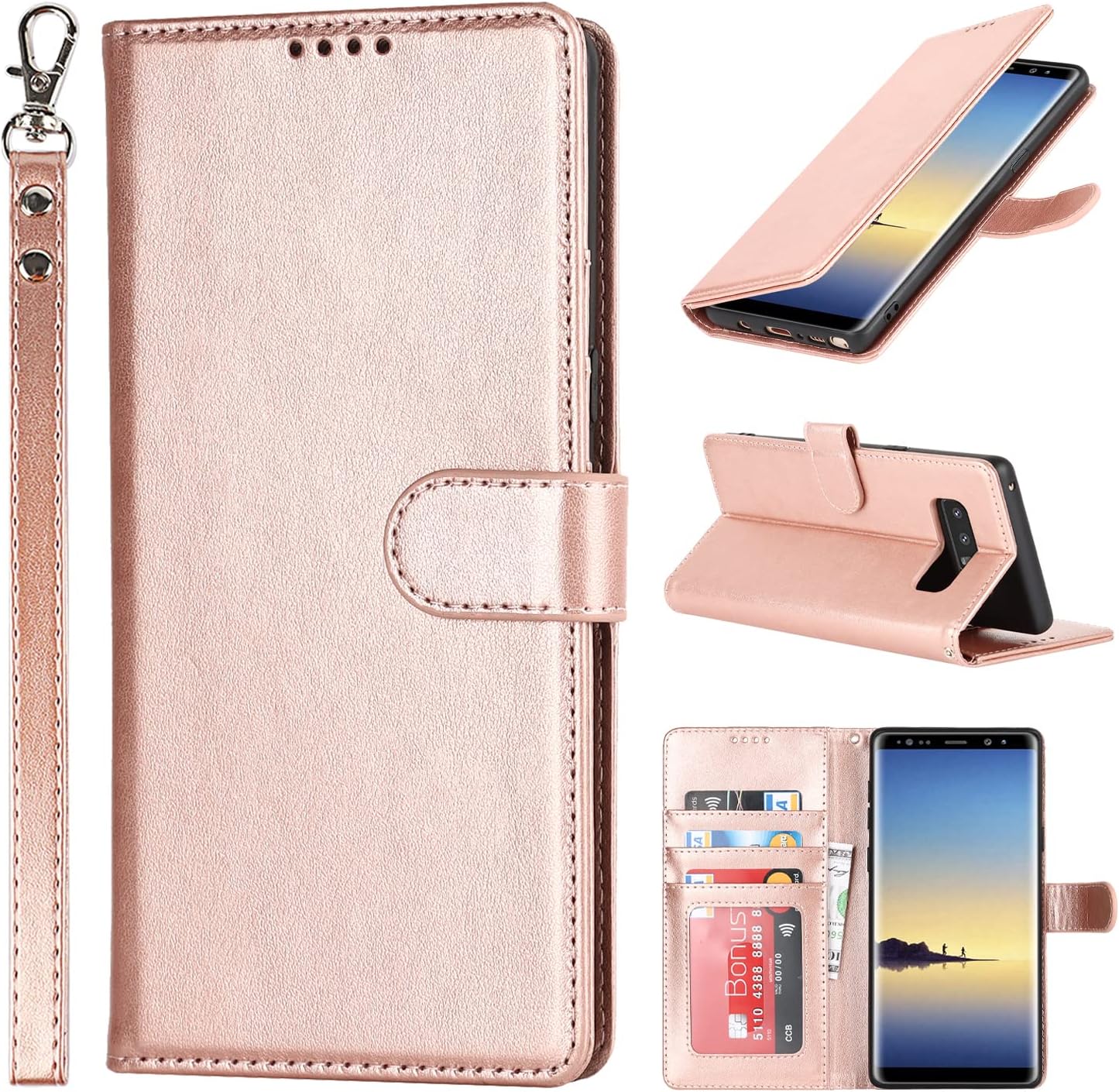 SailorTechSamsung Galaxy Note 8 Wallet Case, Premium PU Leather Case Flip Cases Folio Cover with Kickstand TPU Shockproof Card Slots Holder Magnetic Buckle Phone Protective Case - Rose Gold