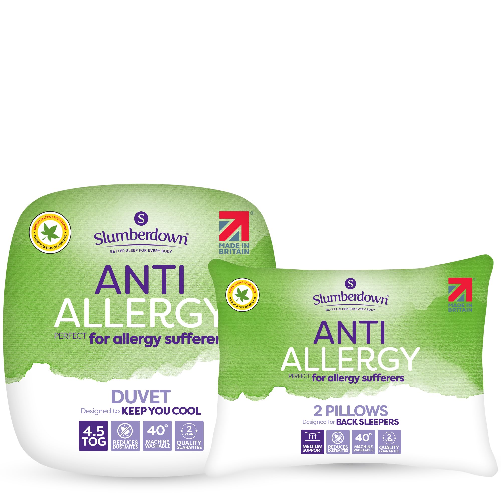 Slumberdown Anti Allergy Super King Duvet - 4.5 Tog Lightweight Cool Summer Quilt for Night Sweats, 2 Medium Support Pillows - Anti Bacterial, Soft Touch Cover, Machine Washable, Size (260cm x 220cm)
