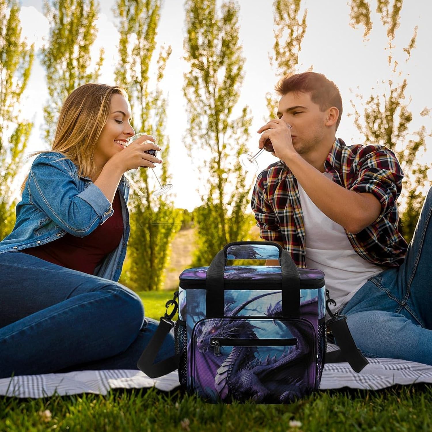 Large-Capacity Oxford Cloth Purple Dragon Purple Moon Printed Camping Ice Bag, Outdoor Portable Insulation and Cold Storage Bag, Enjoy A Cool Camping Time