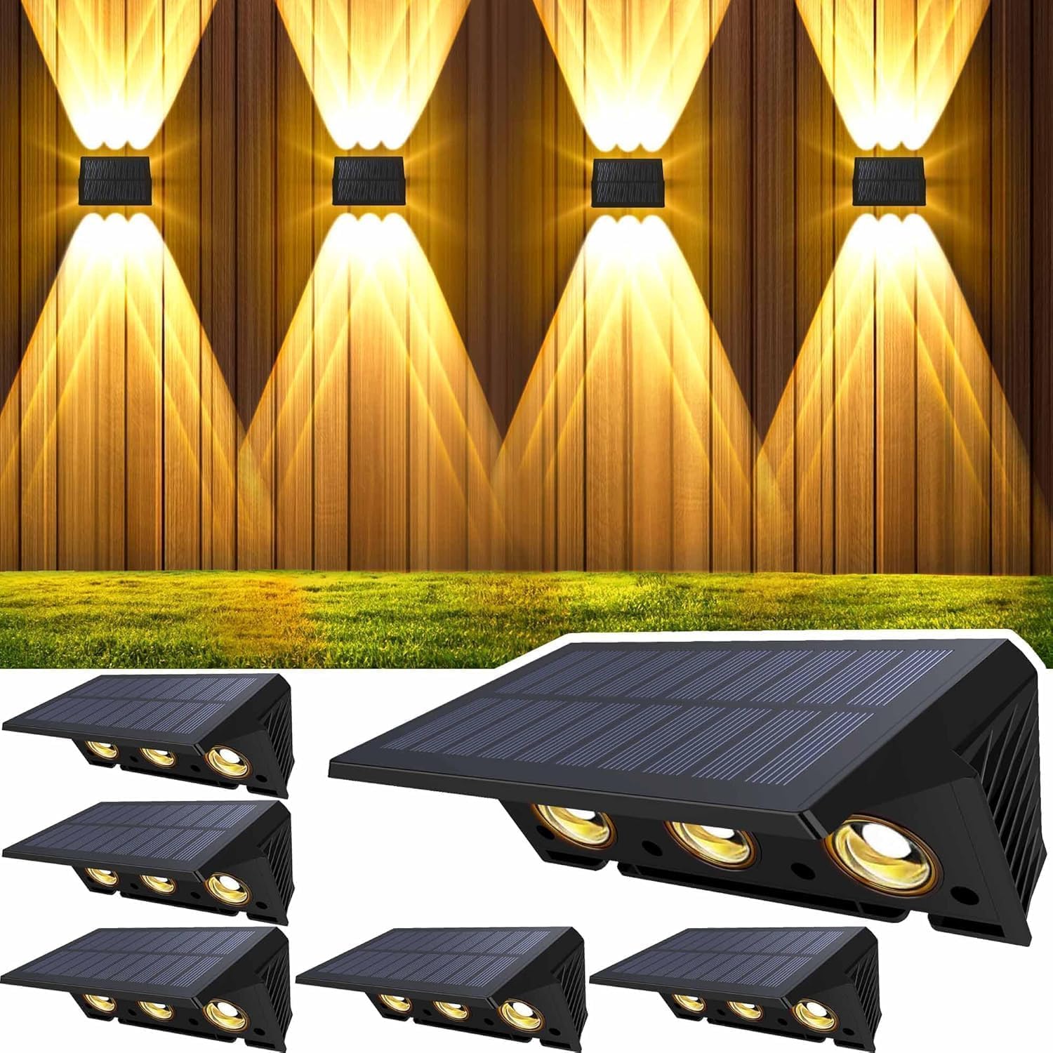 Aplique solar exterior, luces solares exterior para iluminación superior e inferior 6 LEDs, IP67 impermeable para jardín balcón Terraza luz solar exterior, blanco cálido Pack de 6 Unidades