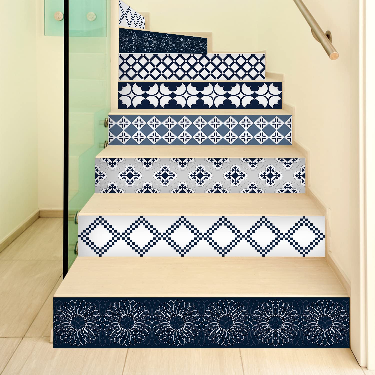 Alwayspon Stair Riser Stickers Peel and Stick, Retro Blue Vinyl Stair Mural Decals Self-Adhesive Removable Contact Paper for Home Decor, 39.37x7.09inchx13Pcs