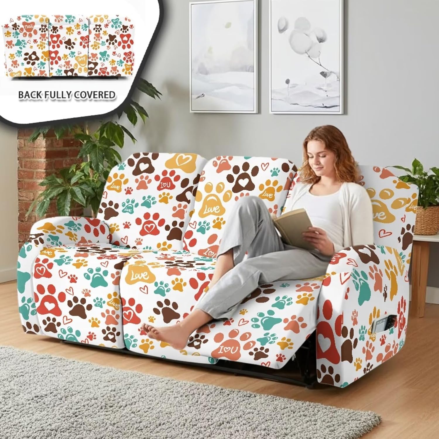 Colorful Dog Paw Print Recliner Sofa Covers 8 Pcs Stretch Reclining Chair Slipcovers Dustproof Furniture Protector for 3 Seater Couch Decor Covers