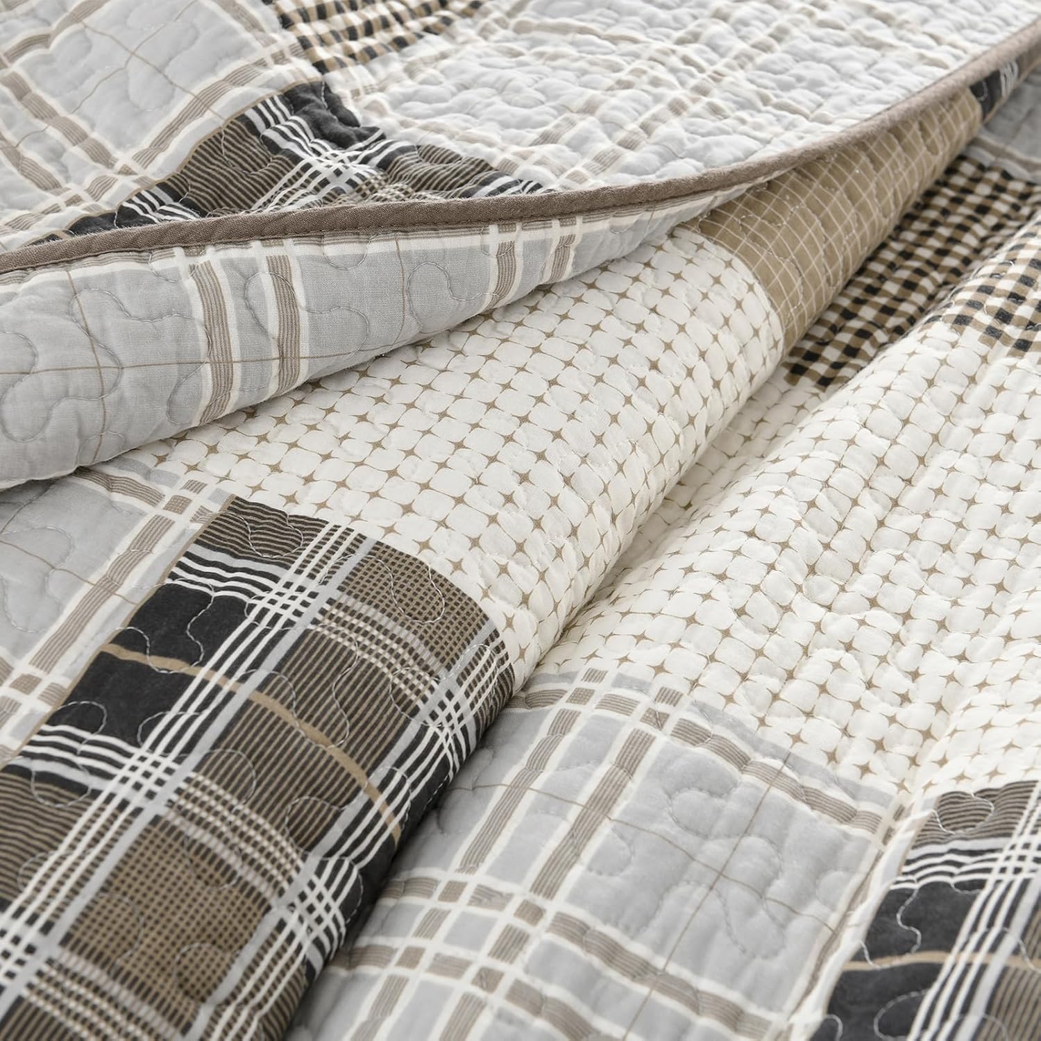 DDUOXIN Plaid Quilt Set - 100% Cotton Farmhouse Queen Quilt with 2 Pillow Shams, Lightweight Comforter Bedspread Soft 3 Piece Bedding Set for All Seasons, Brown/Gray/Beige - Image 2