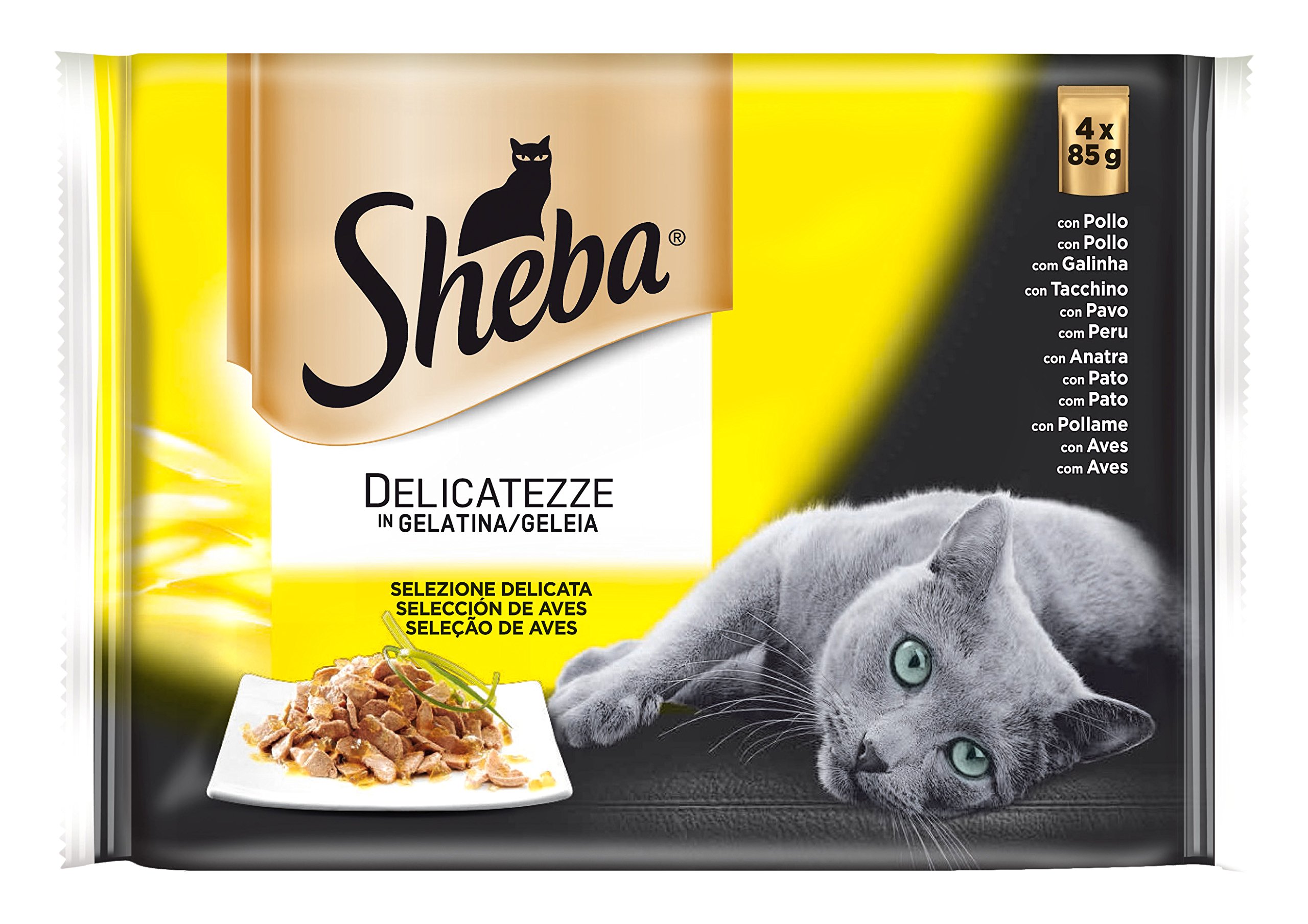 Sheba Delicatezze Multipack Bolsitas de Comida Húmeda para Gatos Selección de Aves en Gelatina, 4 x 85g