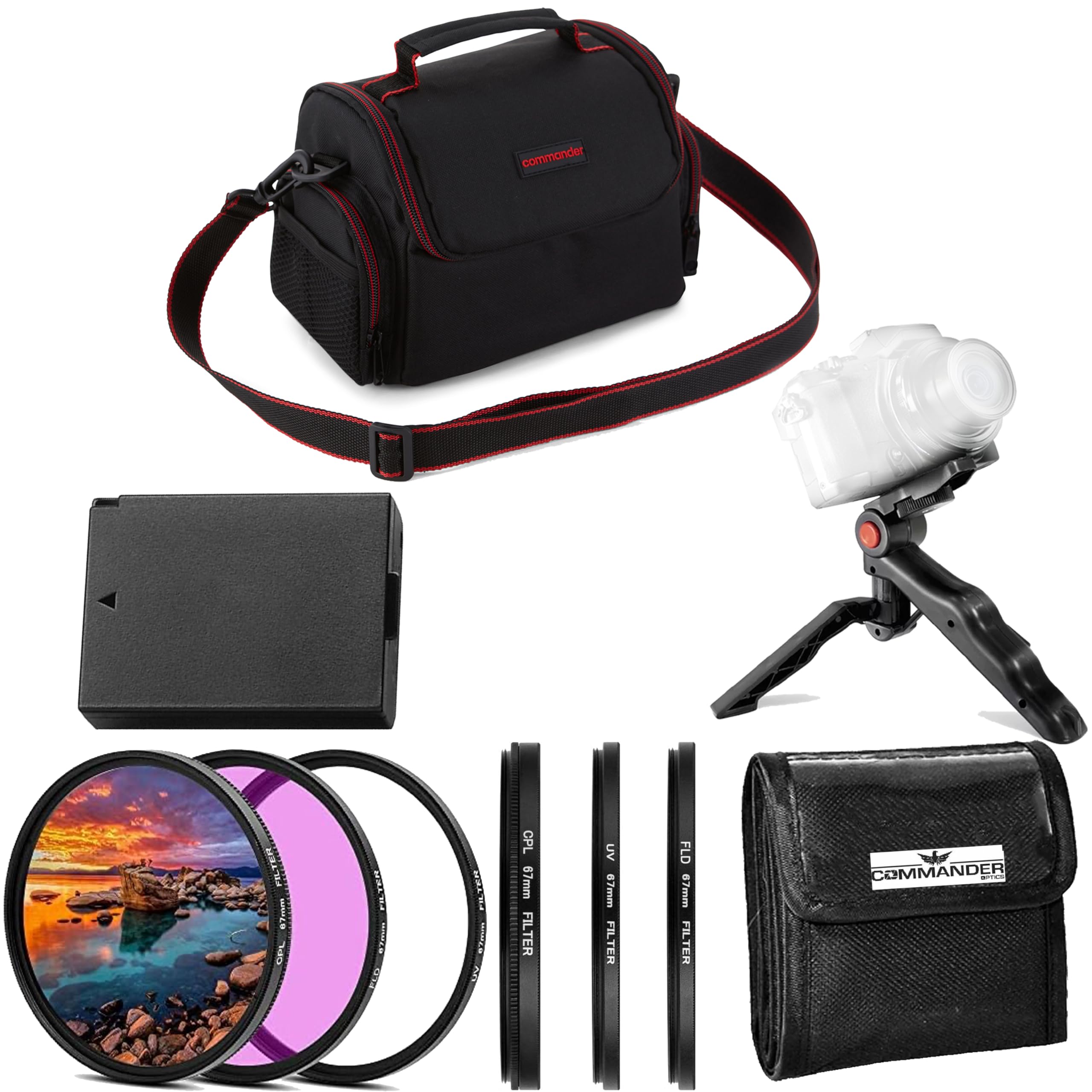 58mm Accessory Bundle 3 Piece UV CPL FLD Filter Kit, Camera Case, Hand Grip Tripod, Extra Battery for LPE-10, Canon EOS Rebel T7, T6, T5, T3, T100, 4000D, 2000D, 3000D and More