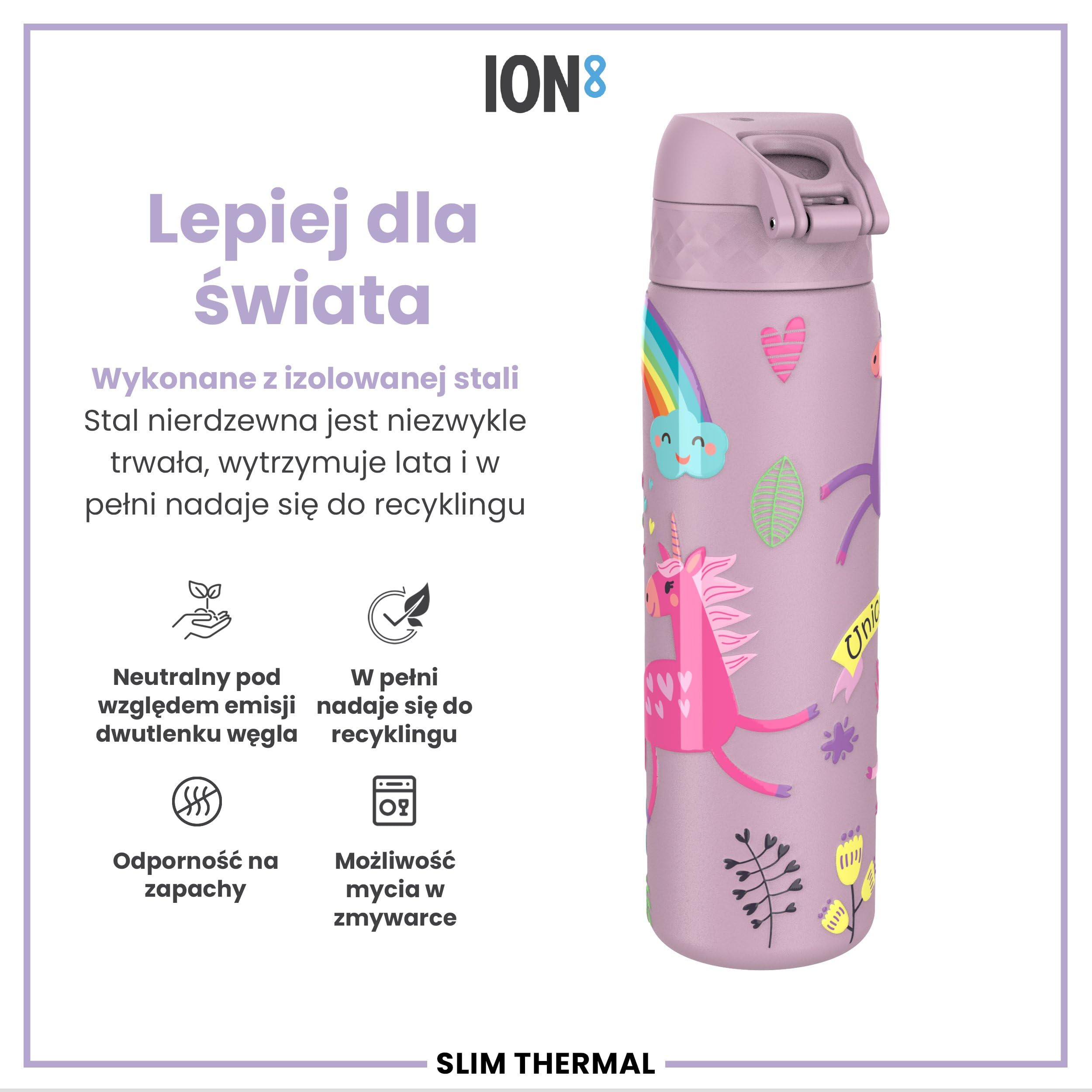 ION8 Termoizolowana Butelka na Wodę, Stali Nierdzewnej, 500 ml/18 oz, Szczelna, Łatwa w Otwieraniu, Bezpieczny Zamek, Można Myć w Zmywarce, Uchwyt do Przenoszenia, Metalowa Butelka, Liliowe Jednorożce