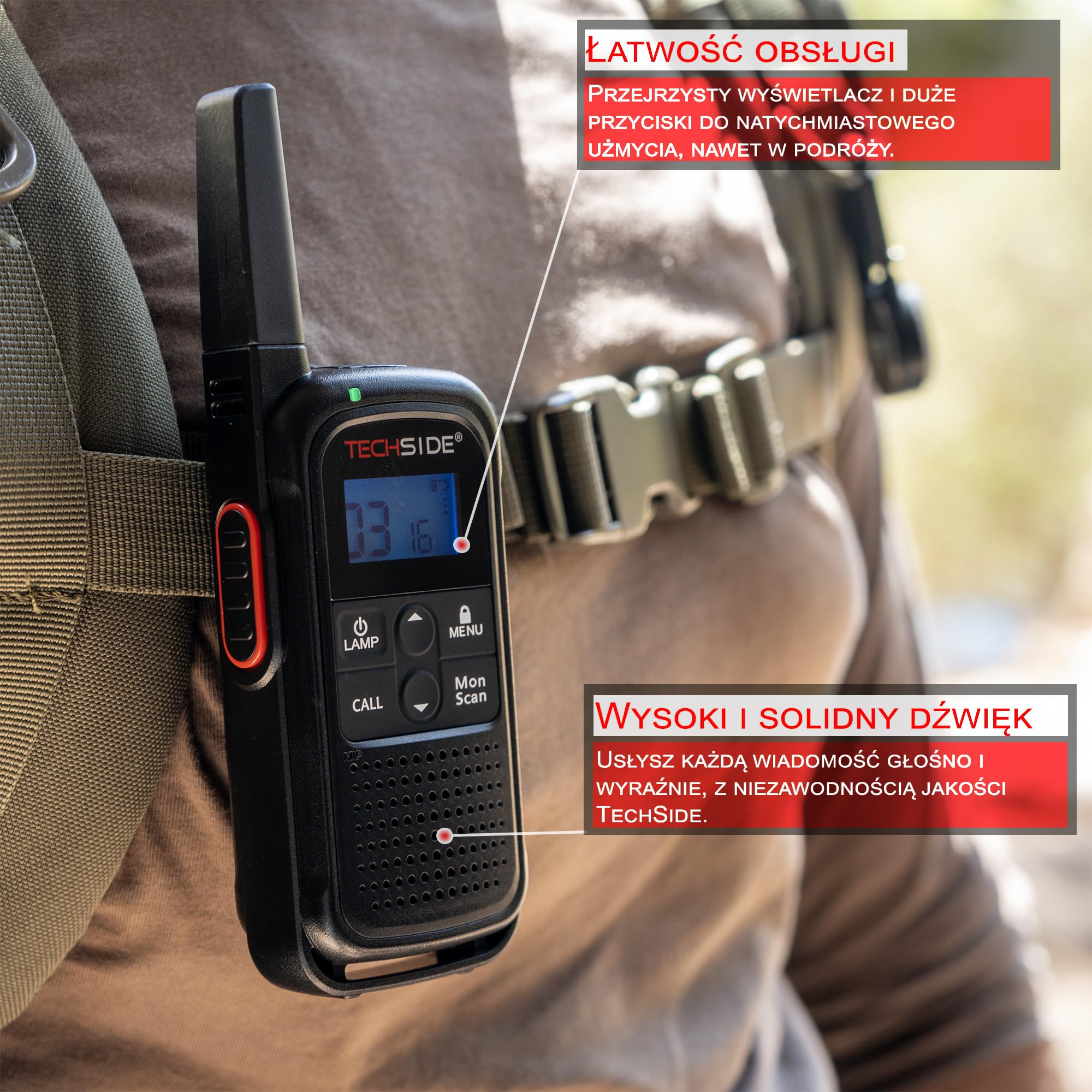 TechSide TS-T3 Go Krótkofalówka (Radiotelefon) PMR446, 16 kanałów, zasięg 10 km, ładowanie USB-C, z latarką LED, 2 sztuki