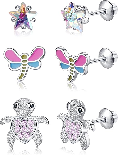 Finrezio 3Pairs 925 Sterling Silver Stud Earrings for Women Girls Screw Back Earring Hypoallergenic Earrings Cubic Zircons Heart Flower Turtle Cute Multicolor Stud Earrings Set