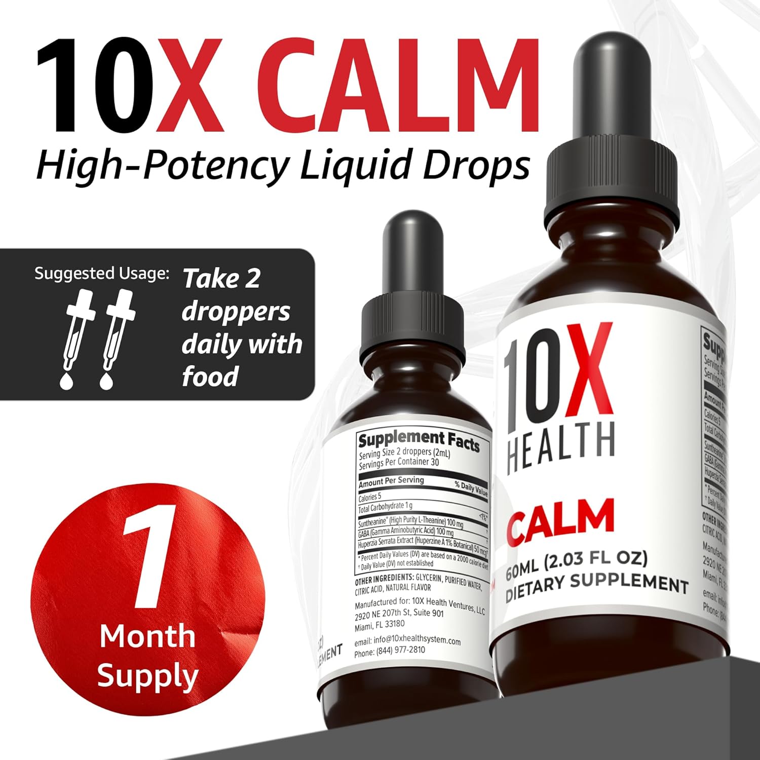 10X Health Calm L Theanine Supplement Liquid Drops - 100mg L'Theanine Drops & 100mg GABA Supplements to Support Nerves, Calm & Stress - Natural Flavor 2.03 Fl oz.