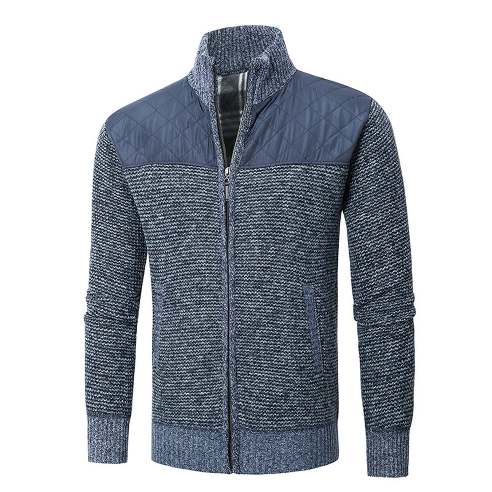 Men Full Zip Casual Knitted Cardigan Slim Color Block Fleece Lined Sweaters Stand Collar Winter Warm Thick Sweater (Blue,Large)