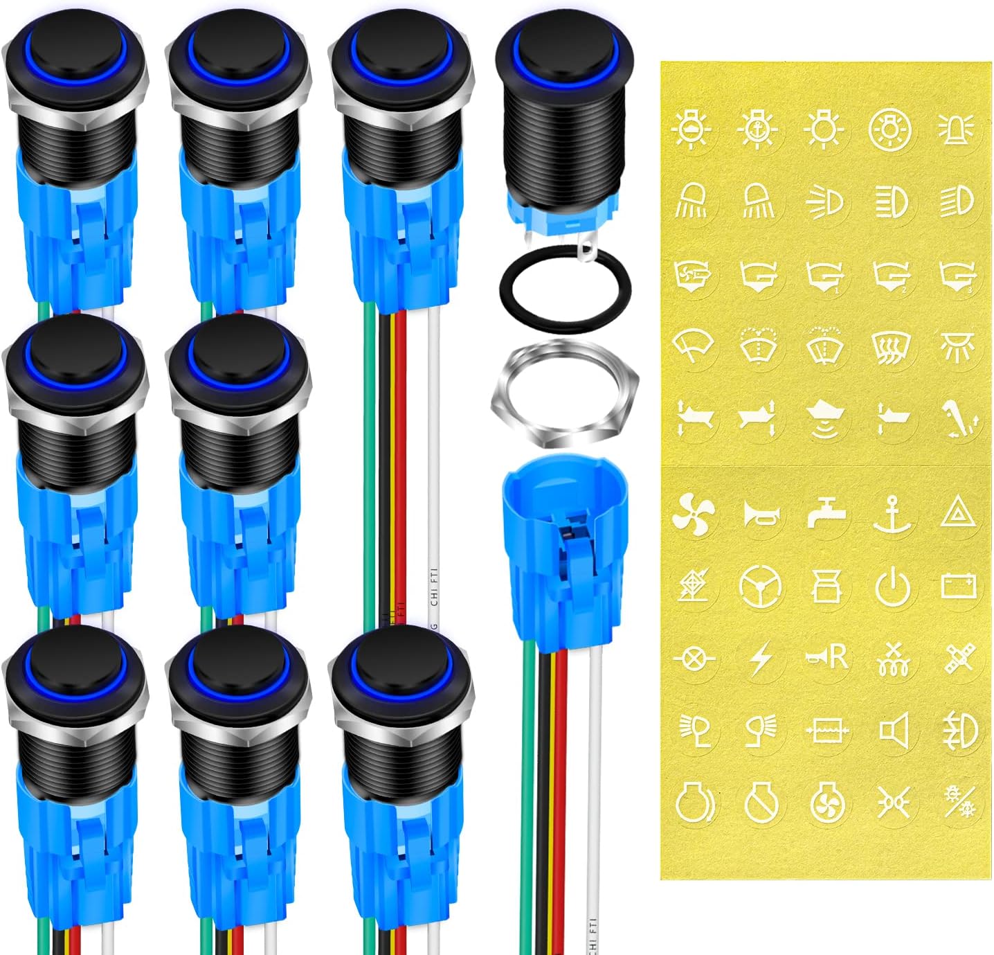 12V Momentary Marine Push Button Switch Waterproof Blue LED Light 12 Volt Illuminated 16mm Metal Black Power Start Pushbutton -9 Pack
