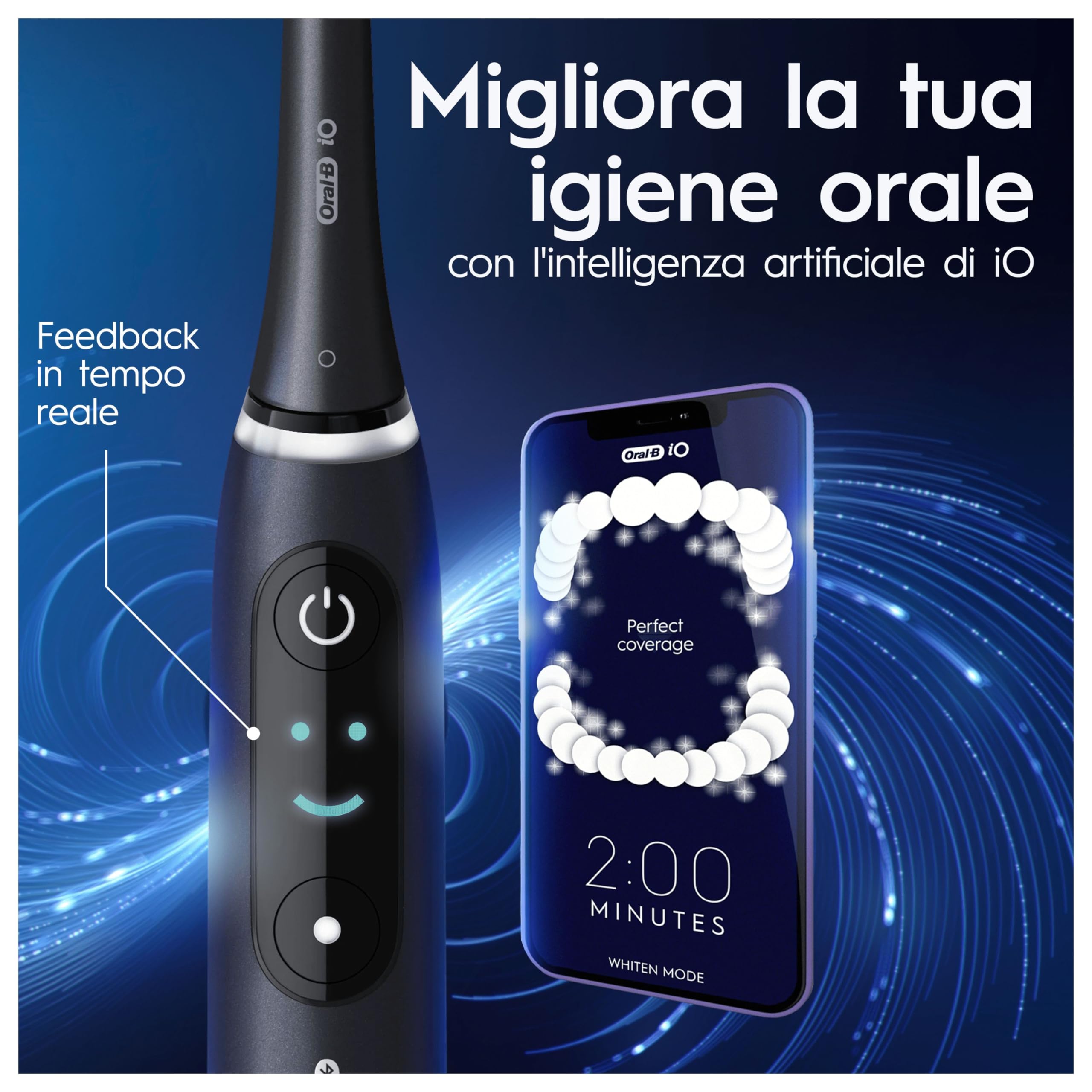 Oral-B Spazzolino Elettrico Ricaricabile iO 8 Nero e Viola, 4 Testine Di Ricambio + Astuccio per caricatore. 2 Spazzolini