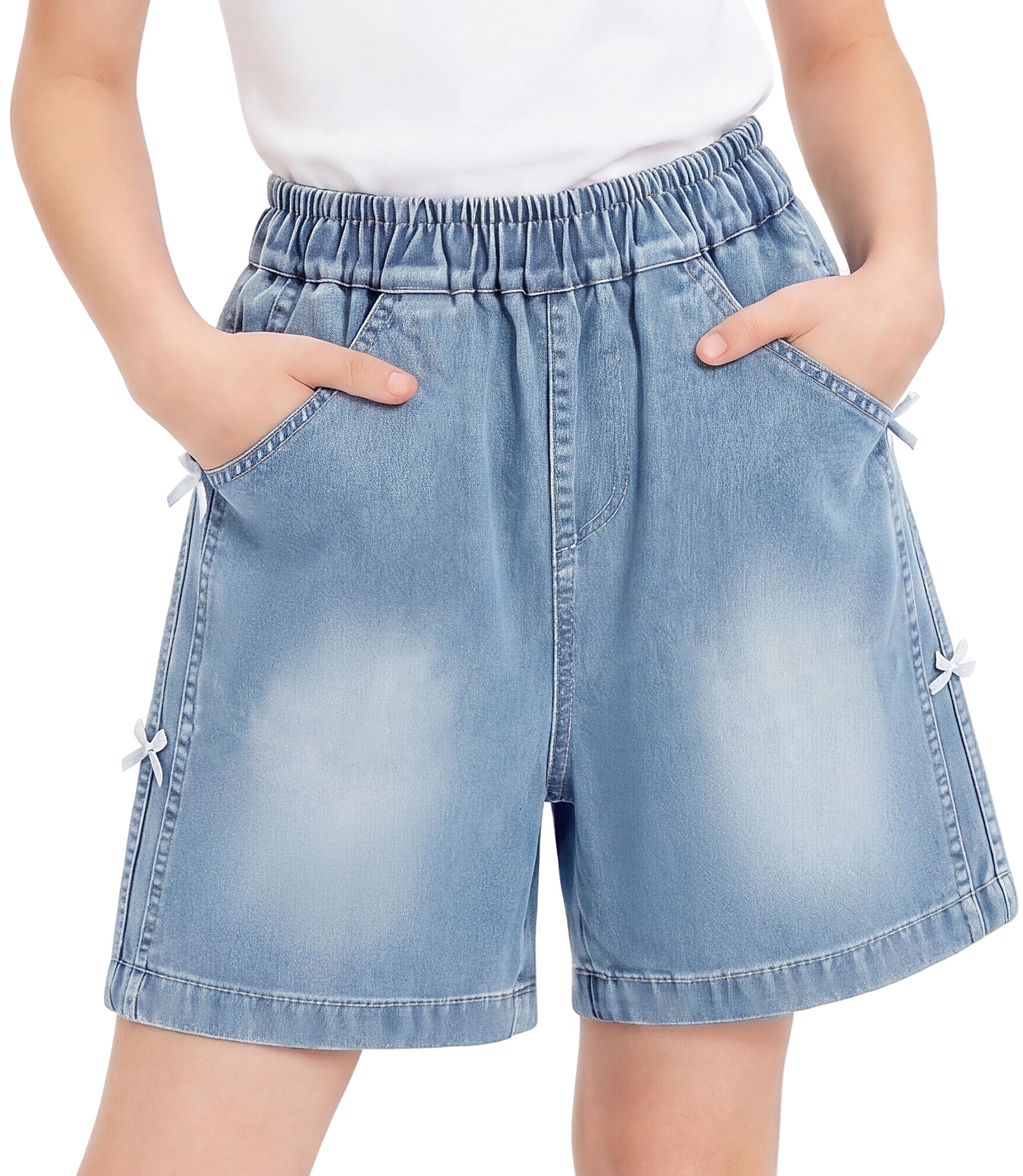 Short en Jean Fille Enfant Été Pantalon Court Taille Élastique Décontracté Jambe Large Baggy Short en Denim et Poches Confortable Respirant Mode Vintage Shorts Jean pour Ado 7-15 Ans