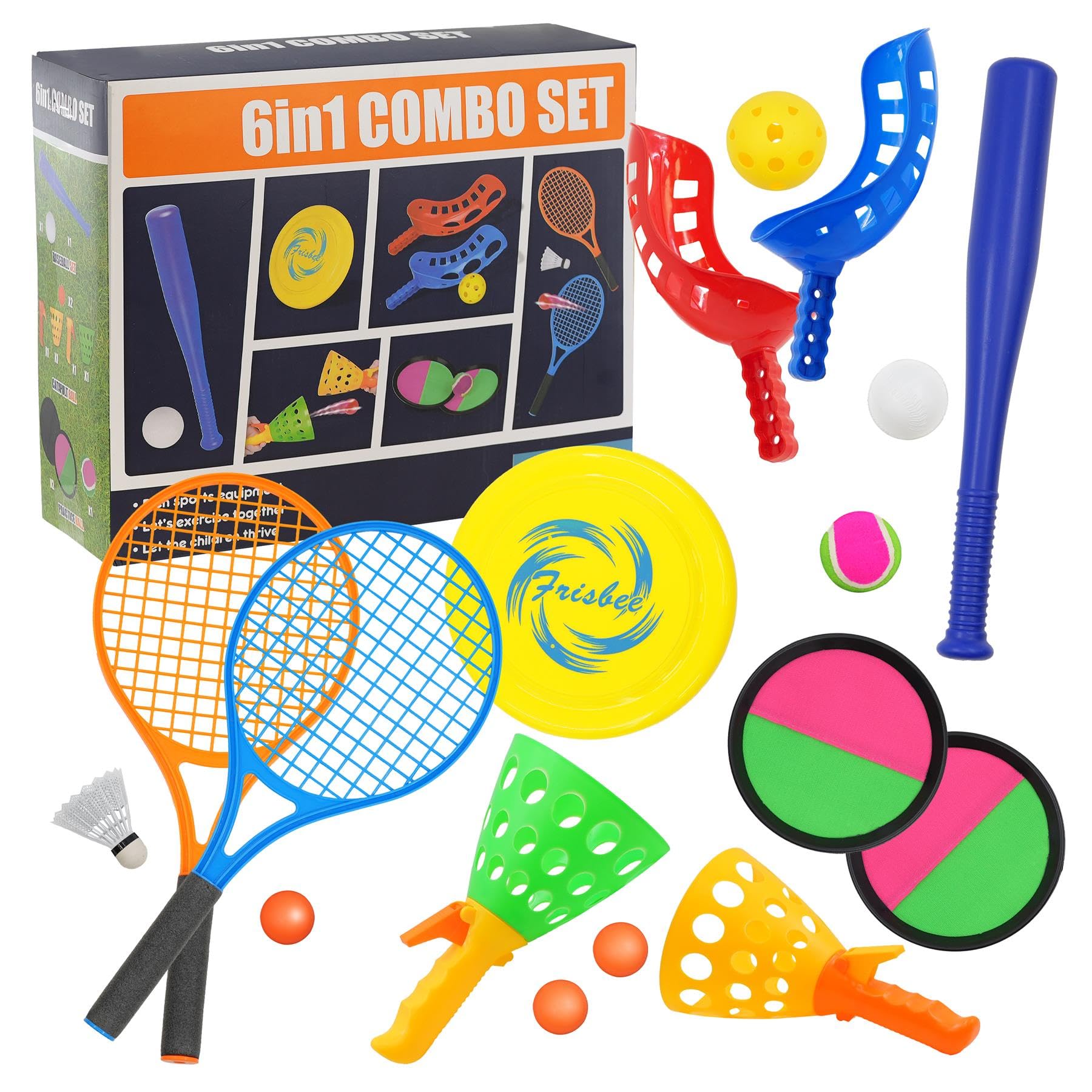 The Magic Toy Shop 6 Games in 1 Sports Set – 19 Pcs Bat, Racket, Toss, Catch, Ball & Frisbee, Indoor Outdoor Play – Lightweight, Builds Motor & Social Skills – Families, Camping, Beach, Garden & Park - 1