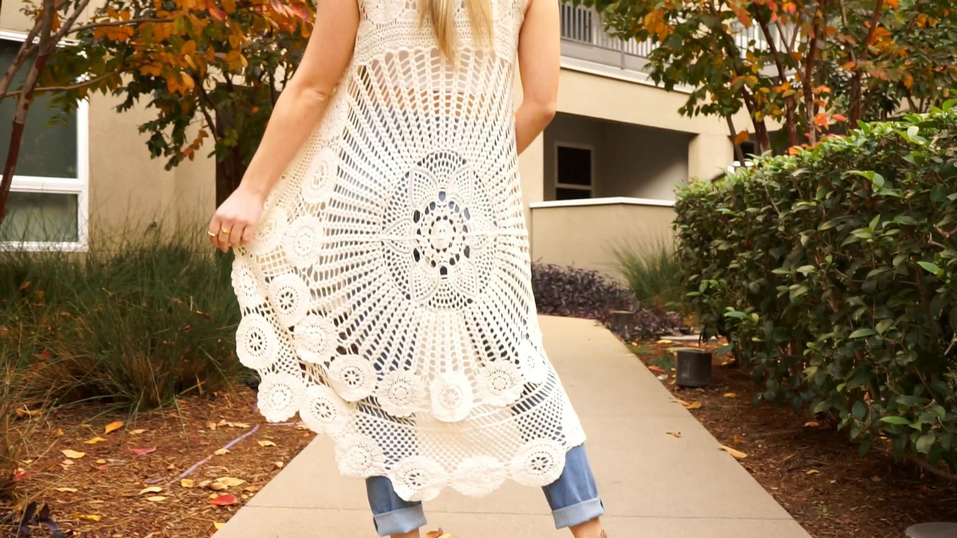 Anna-Kaci Women's Crochet Long Vest Boho Sleeveless Kimono Dress