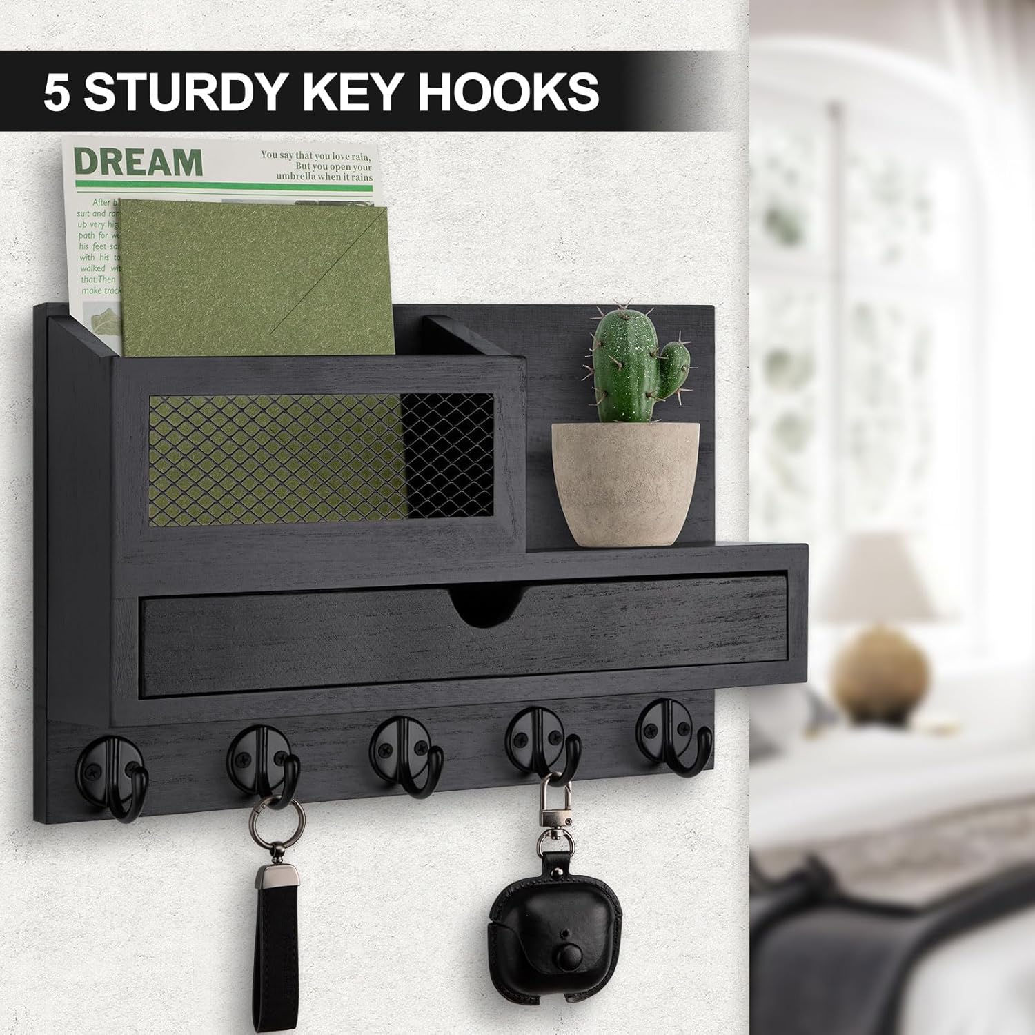 Key Holder Wall Mount, Key Holder for Wall with 5 Key Hooks and Storage Drawer Mail Organizer for Entryway Living Room Farmhouse Home Decor