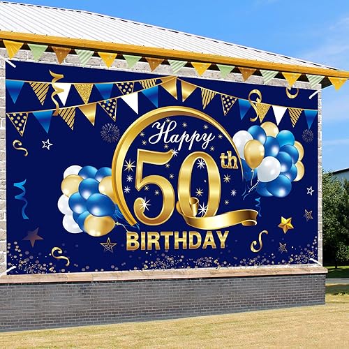 Miniatura 9 de Kauayurk Cartel de feliz cumpleaños 90 para hombres, decoración de fondo azul dorado 90, suministros de fiesta de fondo de fotos de un año,