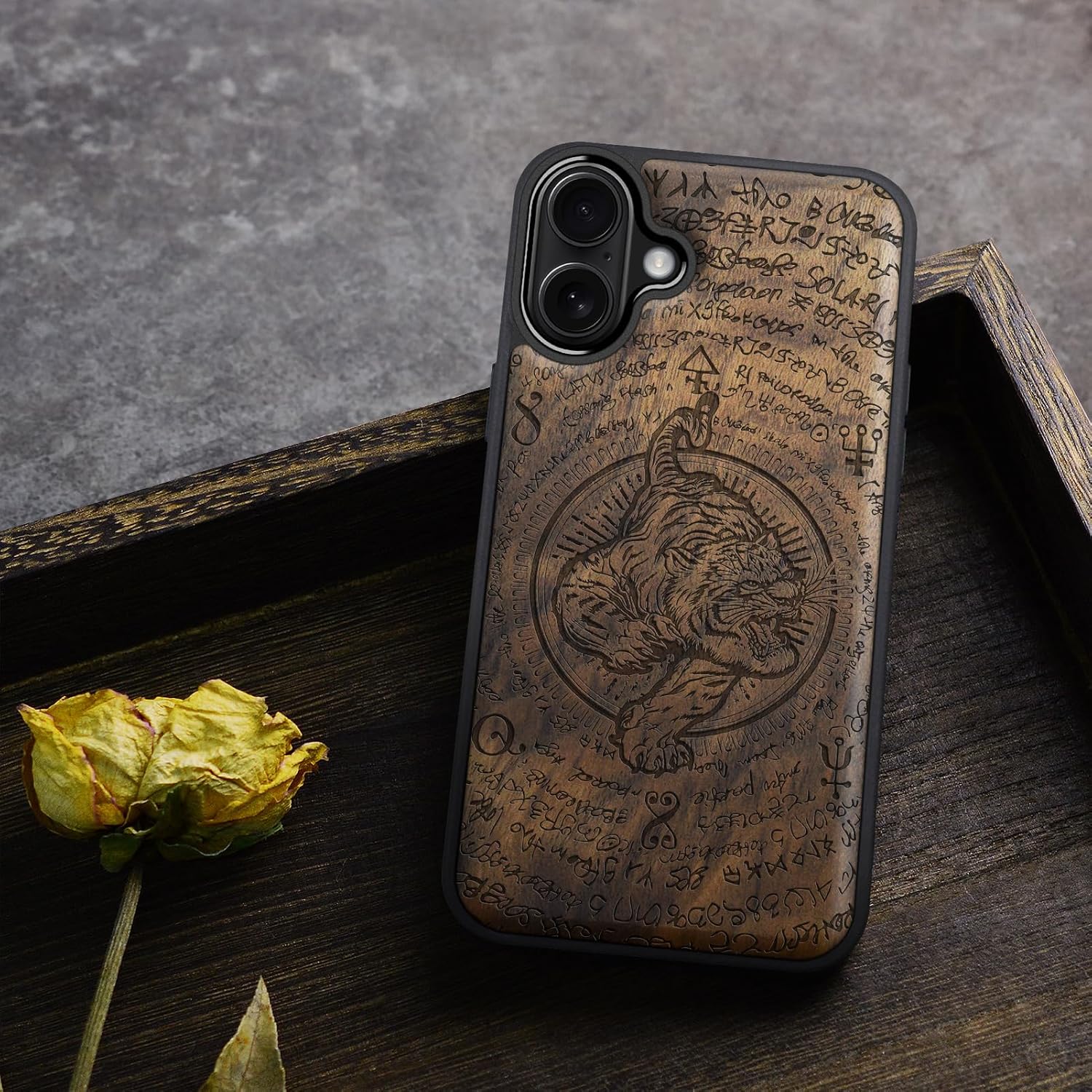 Carveit Magnetic Wooden Case for iPhone 16 Case, Wood Artisan Engraved & Black Soft TPU Shockproof Cover, Compatible with MagSafe Wireless Chargers (The Tiger's Descent) Walnut